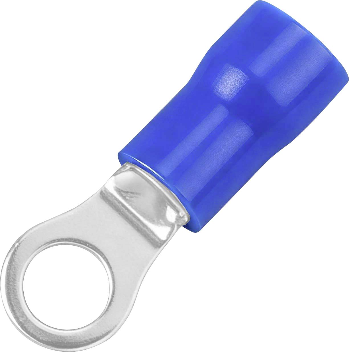 Blau isolierter Ringkabelschuh mit kreisförmigem Metall-Crimpöhr zum Anschluss von Drähten an einen Bolzen oder Stud.