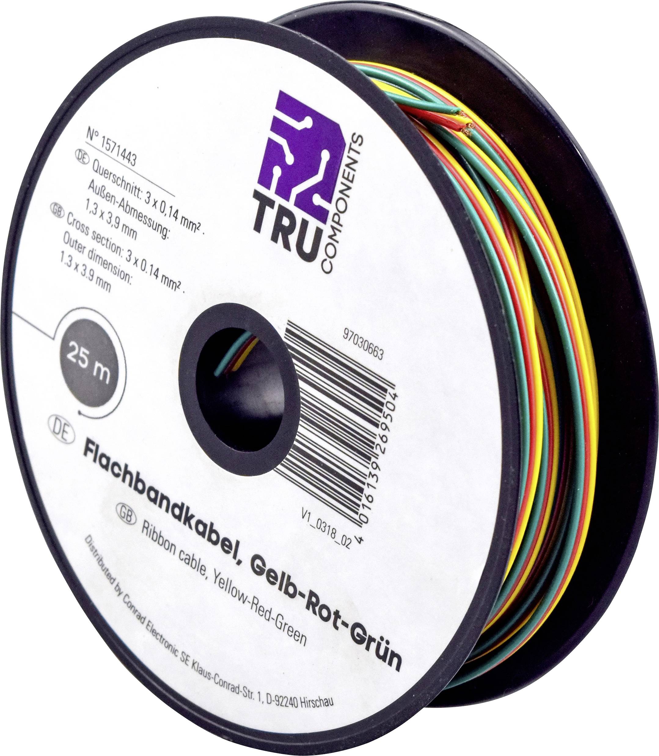 Flachbandkabel in Gelb-Rot-Grün auf Rolle, 3 Leitungen mit 1,3 x 0,14 mm² Querschnitt, 25 m Gesamtlänge, von Tru Components.