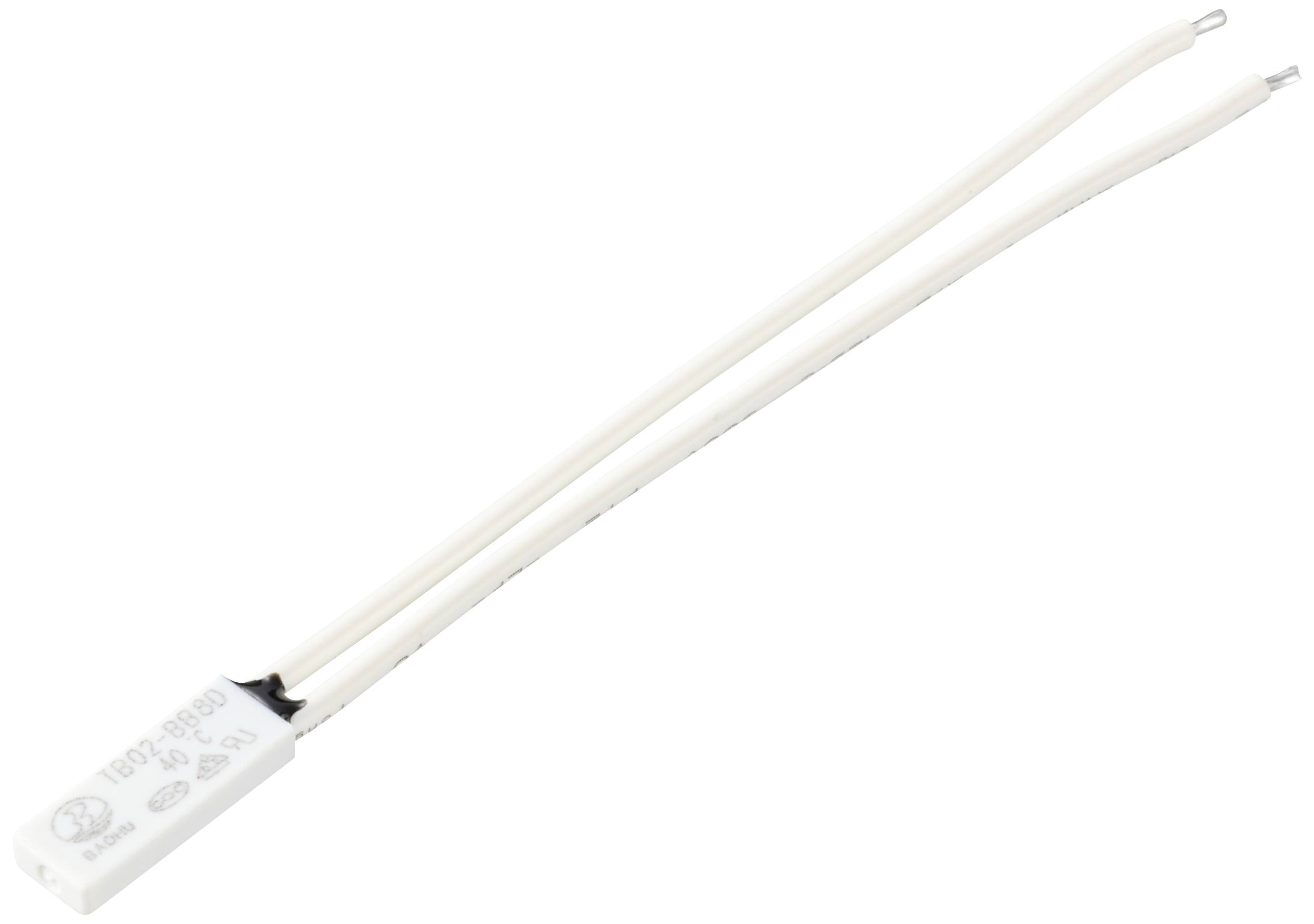 Ein weißer, rechteckiger Temperatursensor mit zwei herausragenden Drähten zur elektronischen Verbindung.
