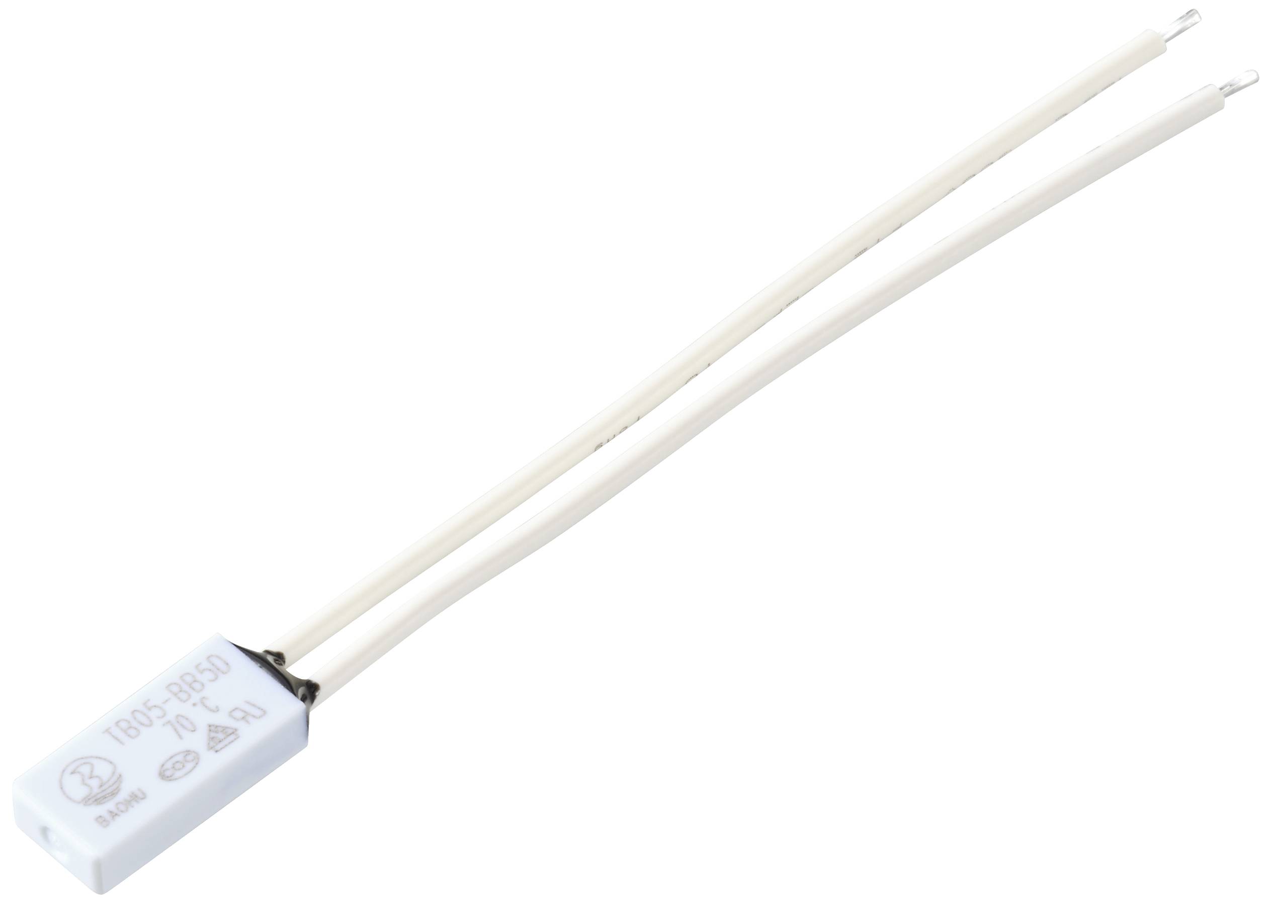 Ein rechteckiger elektrischer Kondensator mit zwei weißen Kabeln. Aufschrift 'TDR 5+5 μF, 450V', geeignet für elektronische Anwendungen.