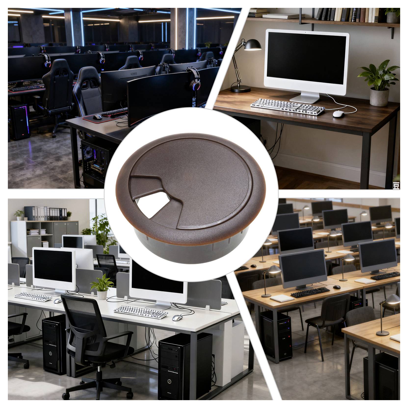 Collage verschiedener Büroeinrichtungen mit Computerarbeitsplätzen, modernen Bürostühlen und einer Kabelführungsöffnung in der Mitte.