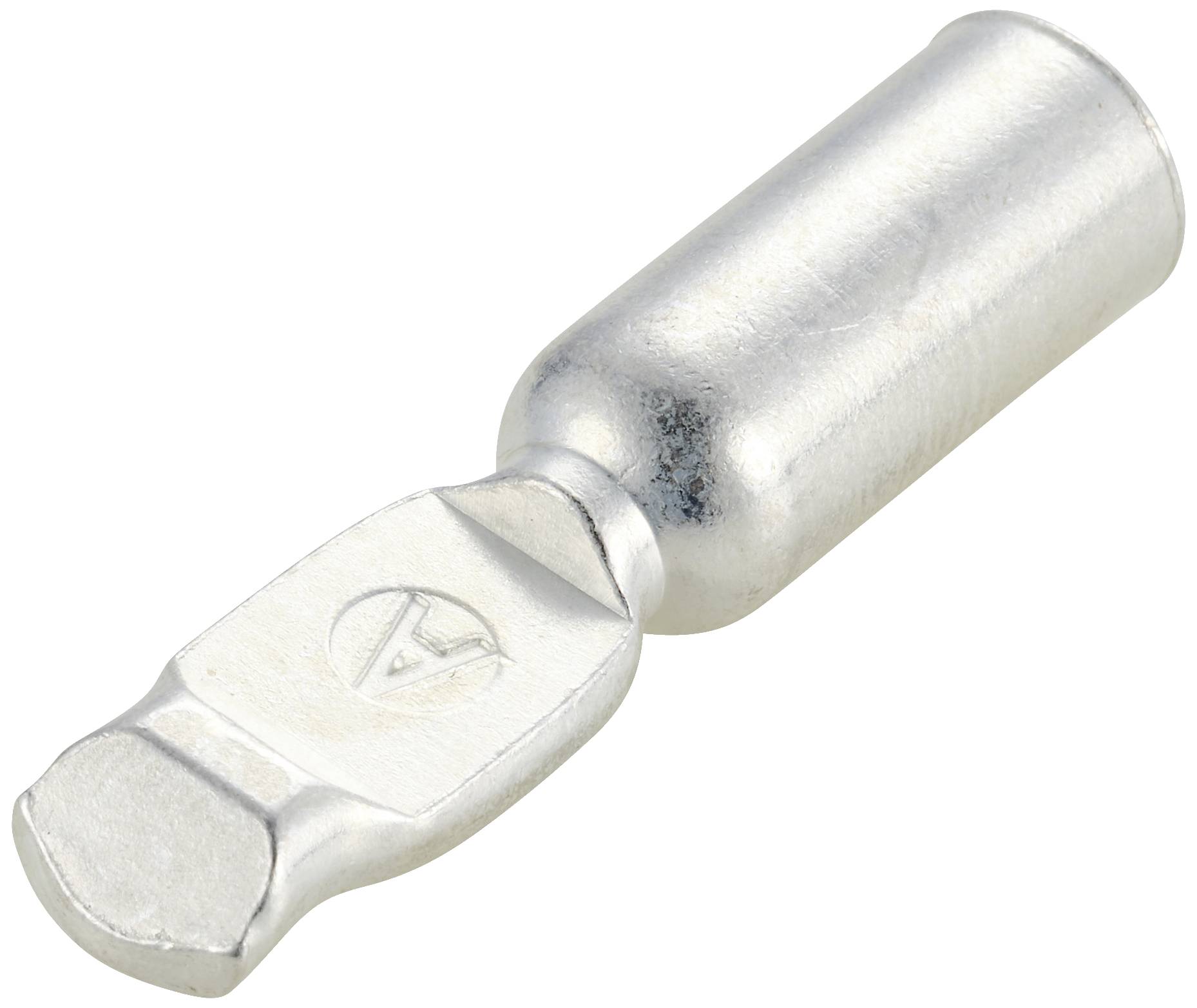 Ein einzelner Flachstecker aus Metall, seitlich liegend.