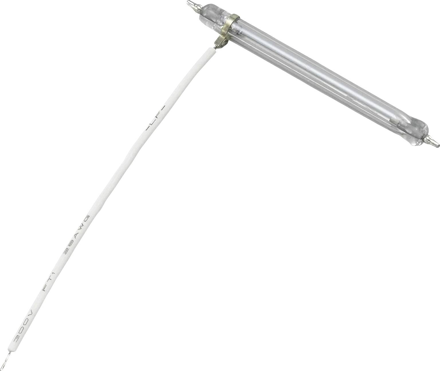 Ein langer zylindrischer Gegenstand mit einem Metallgehäuse und zwei Drähten, von denen einer isoliert und mit '250V' beschriftet ist.