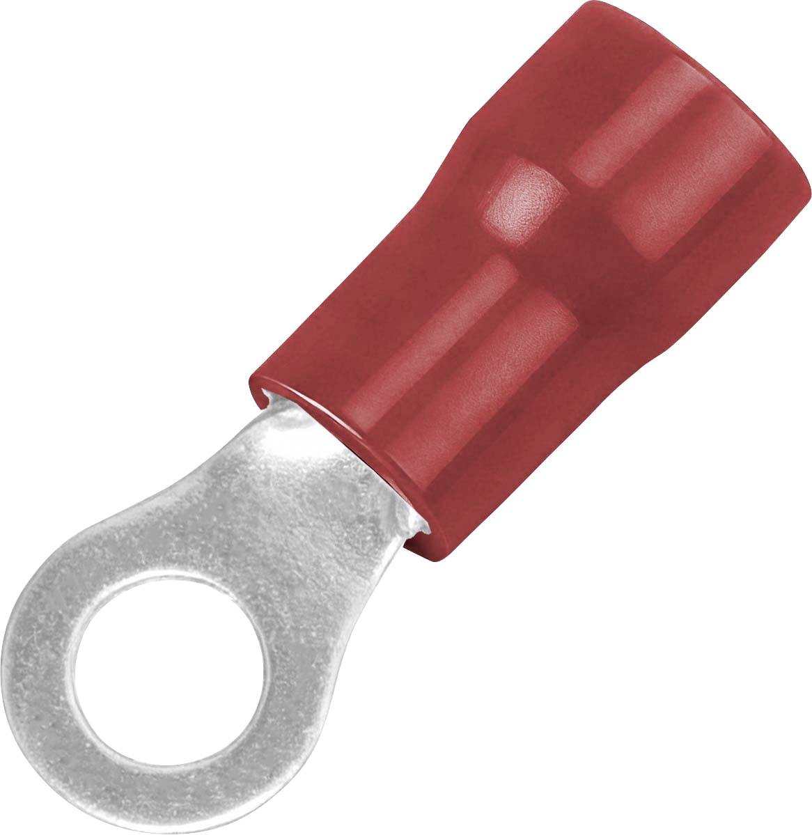Roter isolierter Ringanschluss mit einer Metallkrimphülse auf weißem Hintergrund.