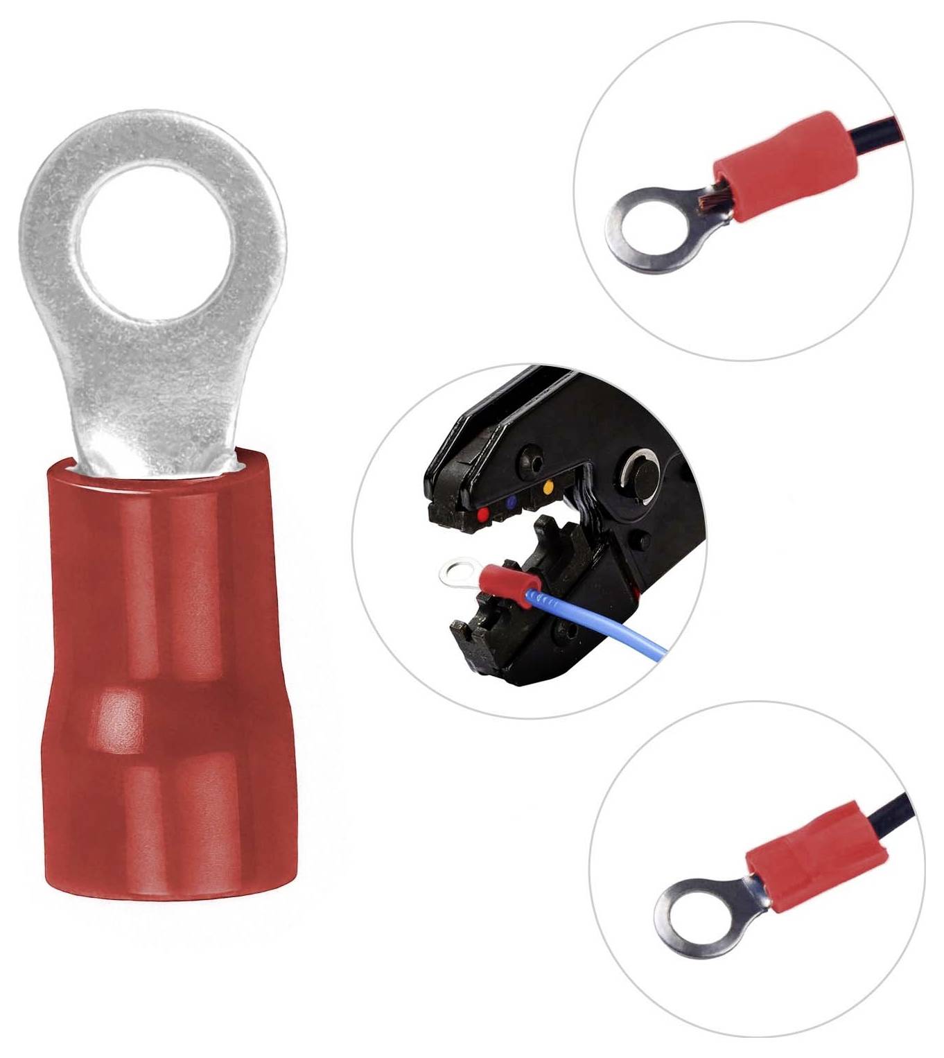 Roter isolierter Ringkabelschuh mit Nahaufnahmen der crimpten Drahtenden und Verwendung in einem Crimping-Werkzeug.