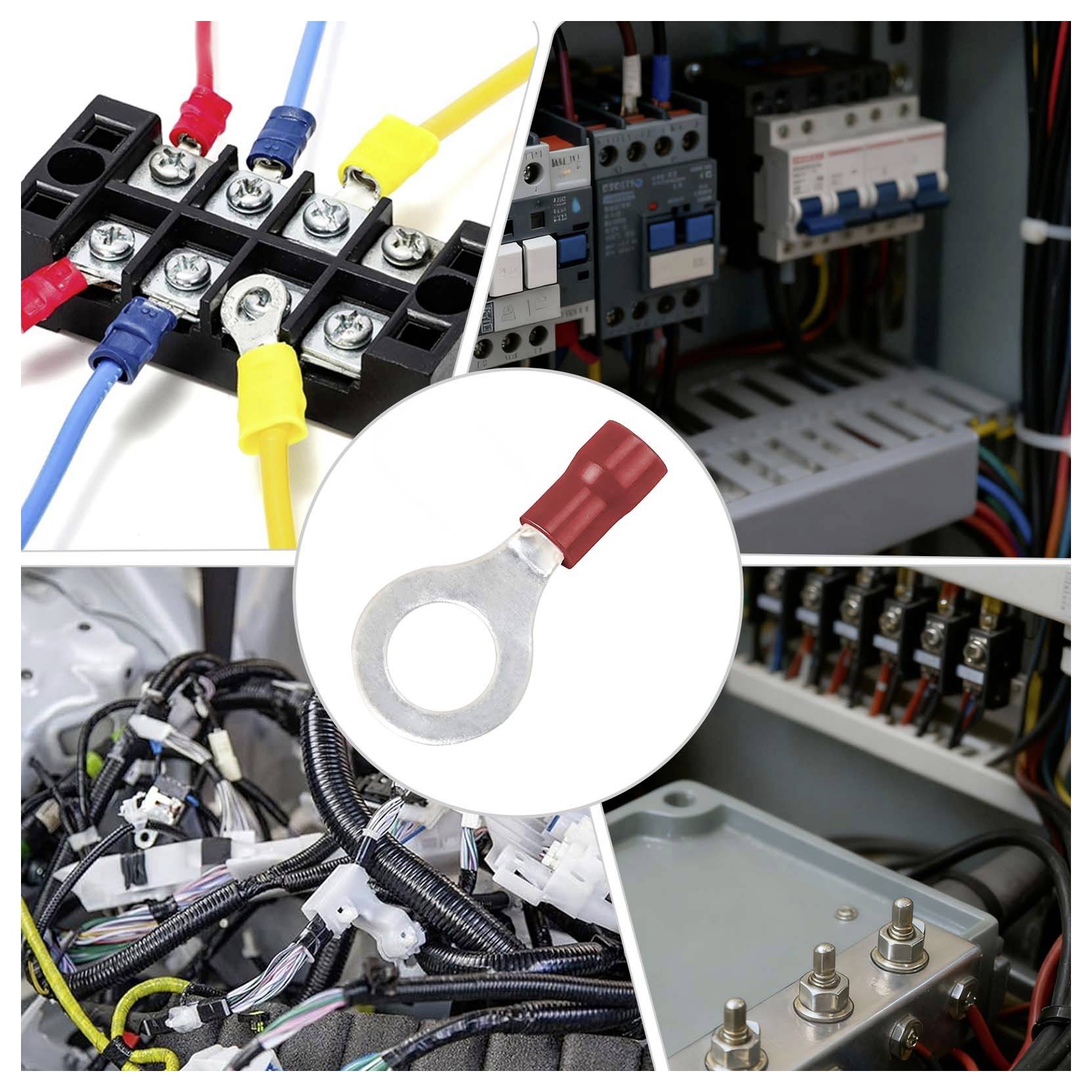 Collage aus elektrischen Leitungen und Klemmenleisten mit farbigen Kabeln, plus einer roten isolierten Ringhülse in der Mitte, zeigt industrielle Verdrahtungsverbindungen.
