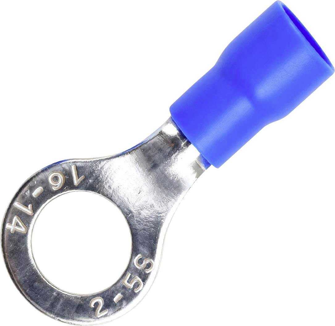 Blau isolierter Ringanschluss mit metallischer Crimpzunge, gekennzeichnet mit 16-14 und 5-5, auf weißem Hintergrund.