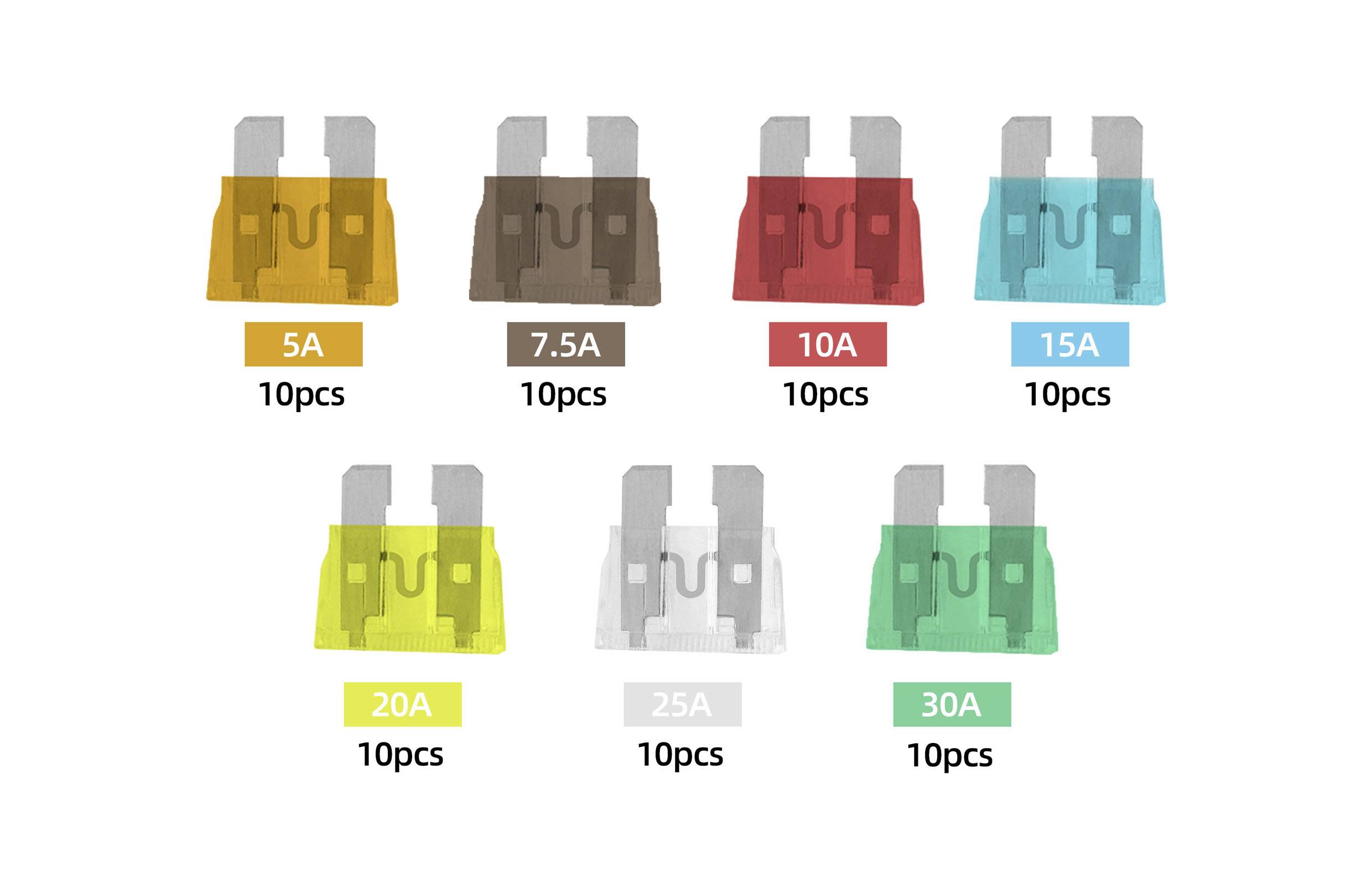 TRU Components Standard Flachsicherung 5 A, 7.5 A, 10 A, 15 A, 20 A, 25 A, 30A 70 Teile