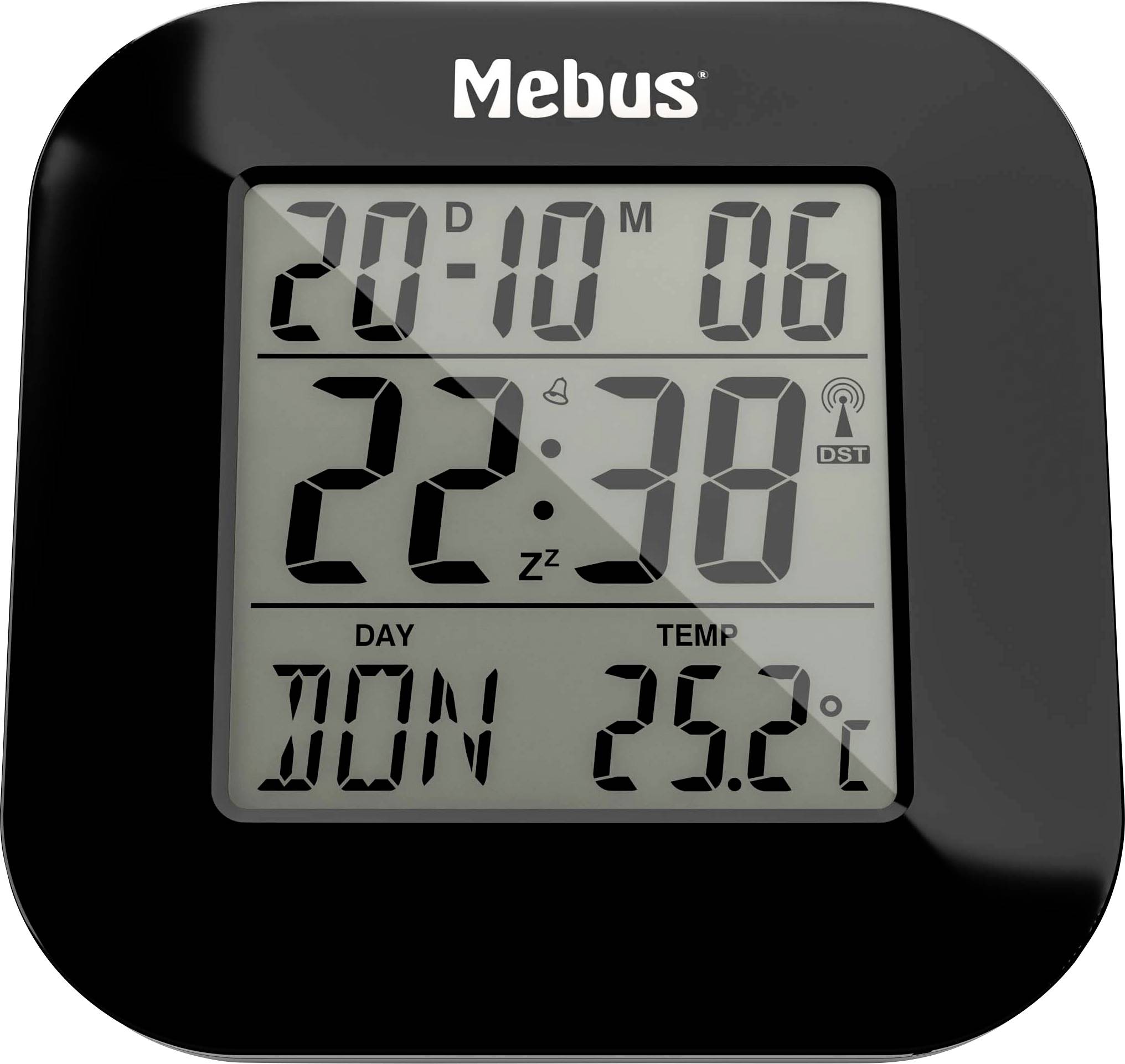 Digitale Uhr zeigt '20.10 06', Uhrzeit '22:30', Tag 'Mo' und Temperatur '25,2°C'.