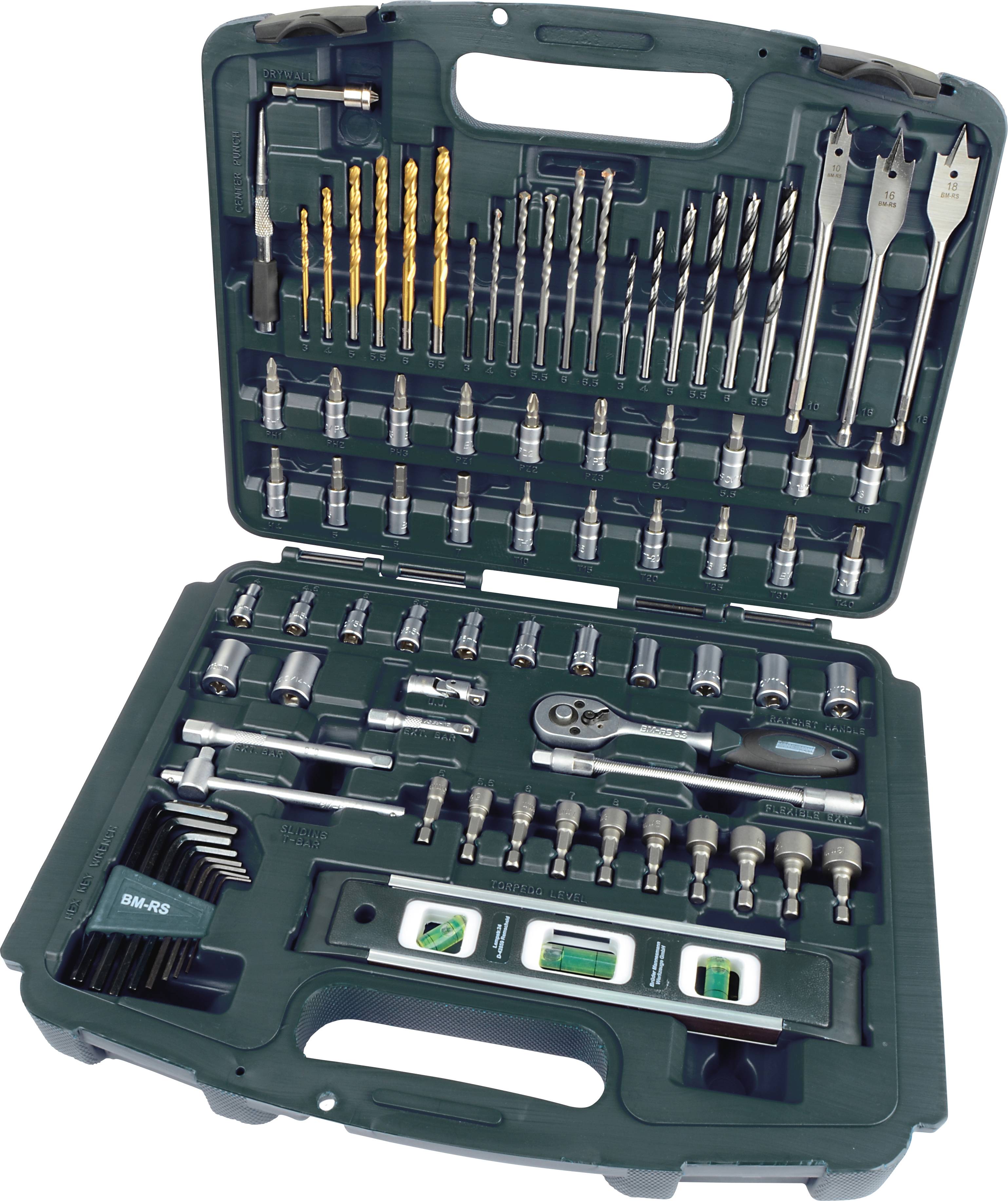 Eine geöffnete Werkzeugkiste mit verschiedenen Bohrern, Bits, Steckschlüsseln und einer Ratsche, die ordentlich angeordnet sind.