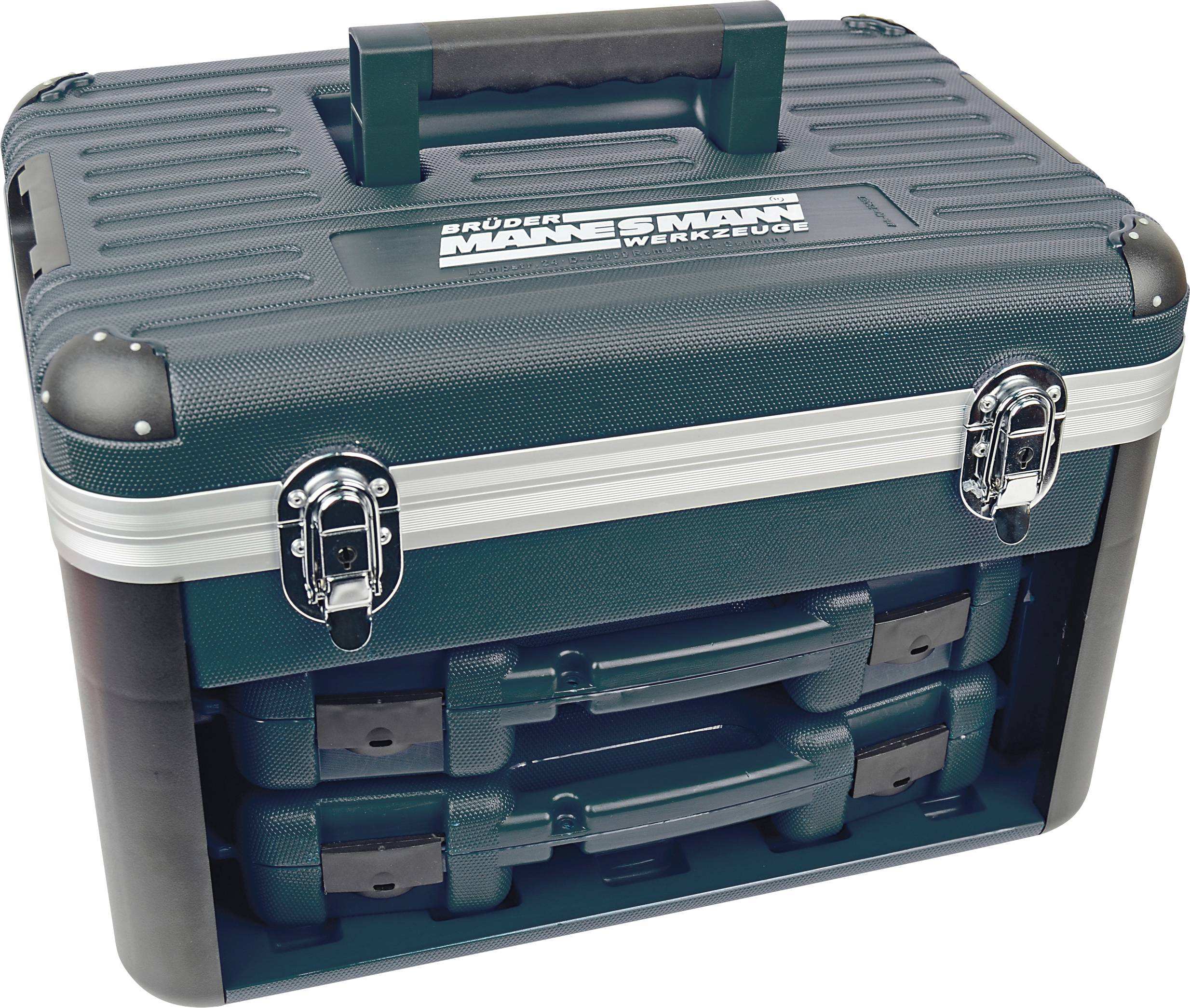 Schwarzer Werkzeugkoffer mit zwei silbernen Schlössern und klappbarem Griff; Marke auf dem Deckel erkennbar.