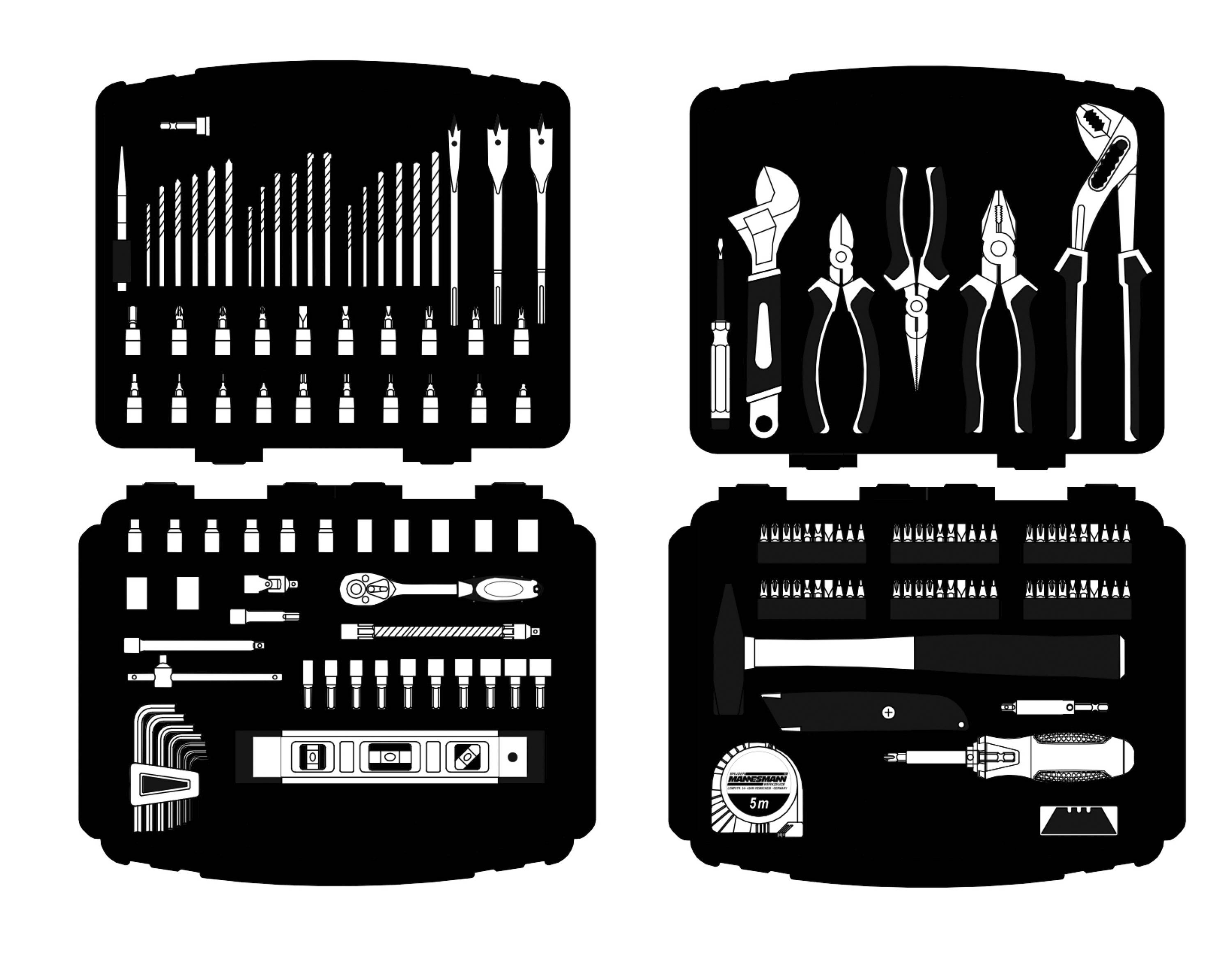 Werkzeugkasten mit verschiedenen Werkzeugen, darunter Bohrer, Schraubendreher, Zangen und Maßband, in vier Abschnitten angeordnet.