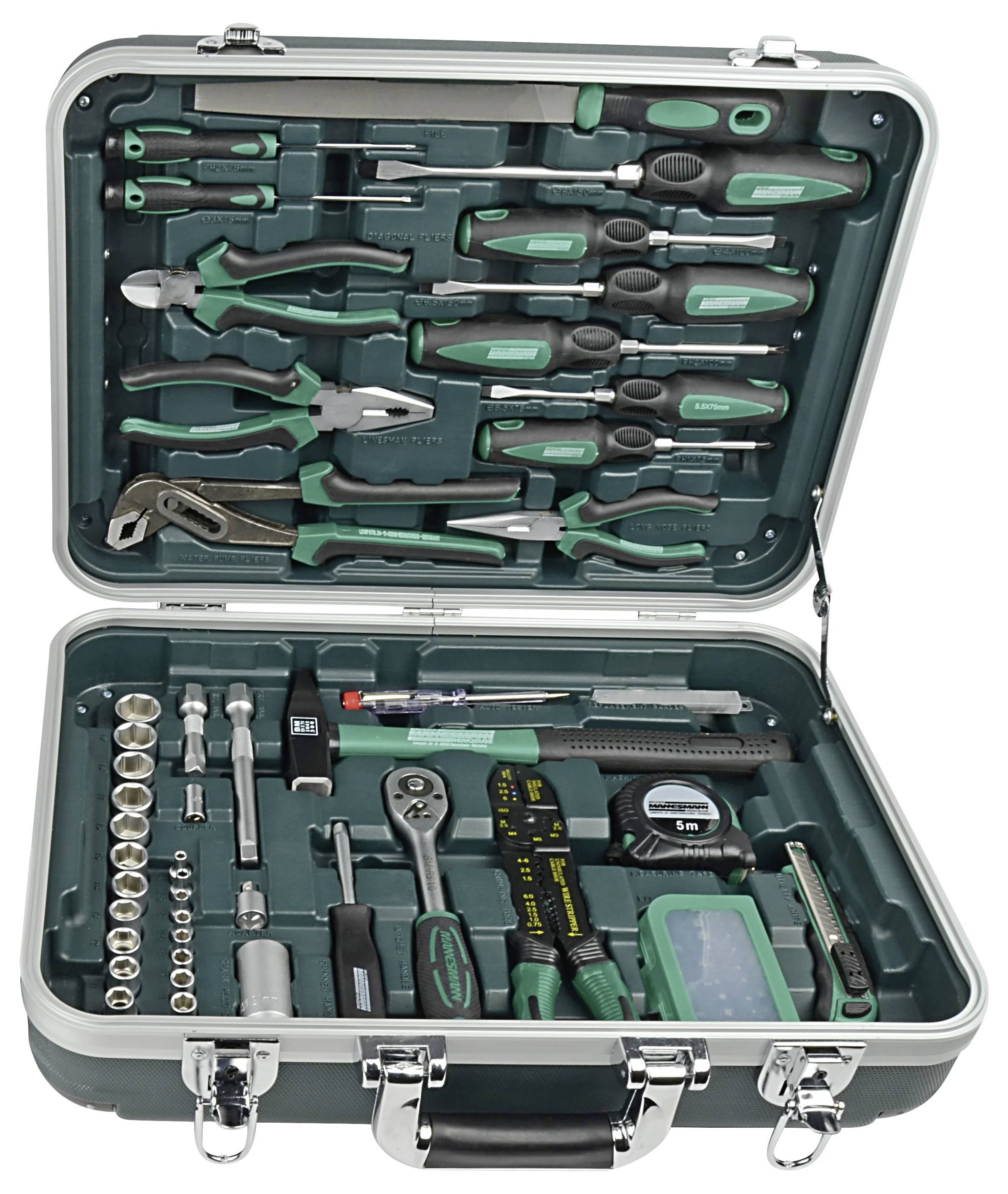 Eine offene Werkzeugkiste, die einen Satz verschiedener Werkzeuge zeigt, darunter Zangen, Schraubschlüssel, Schraubendreher und ein Maßband, ordentlich in einem grün-schwarzen Etui angeordnet.