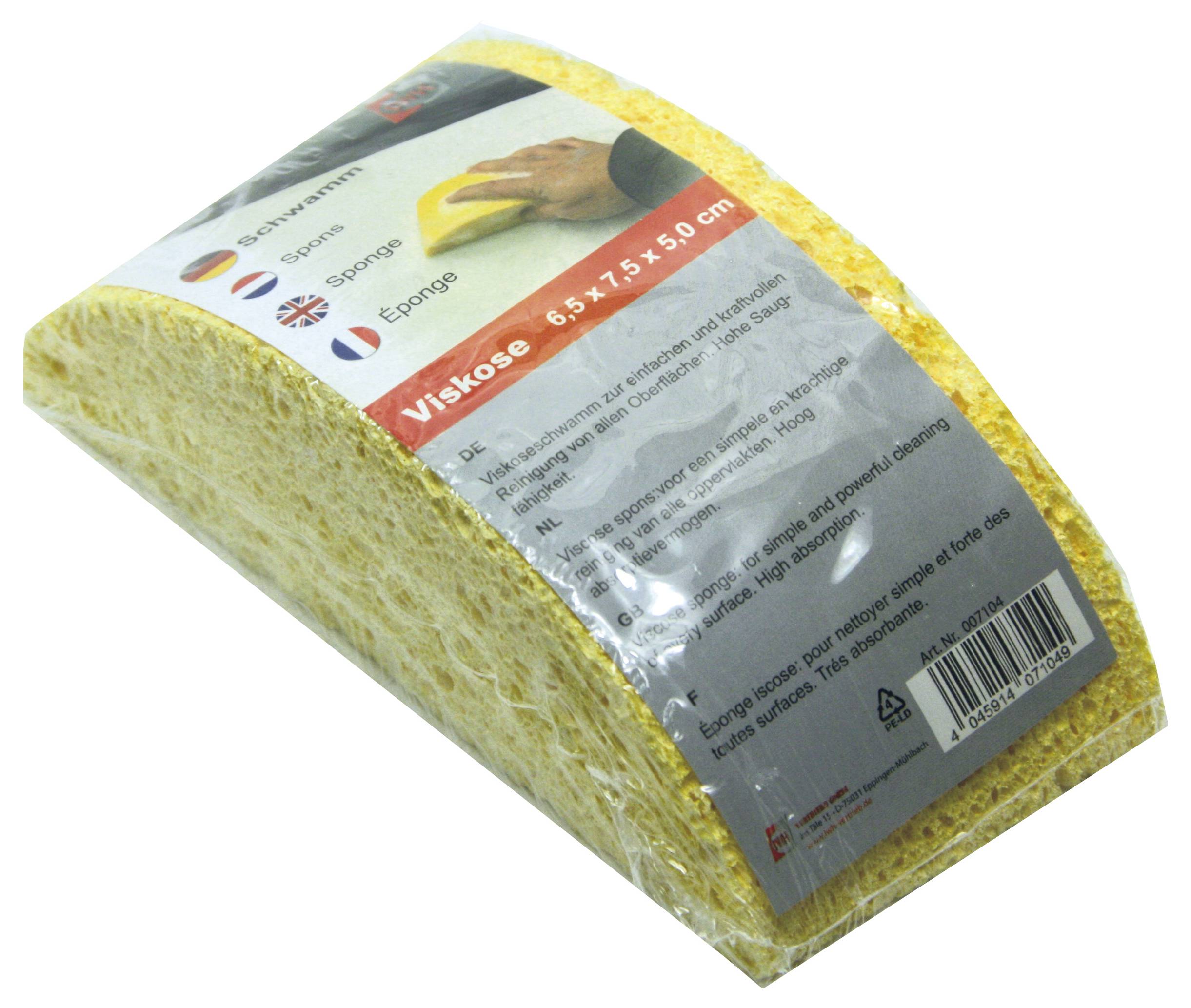 'Schwamm aus Viskose, 6 x 7,5 x 5 cm. Besonders geeignet für die Autoreinigung. Hergestellt in Deutschland.' Verpackung zeigt Produktabbildung und Flaggen.