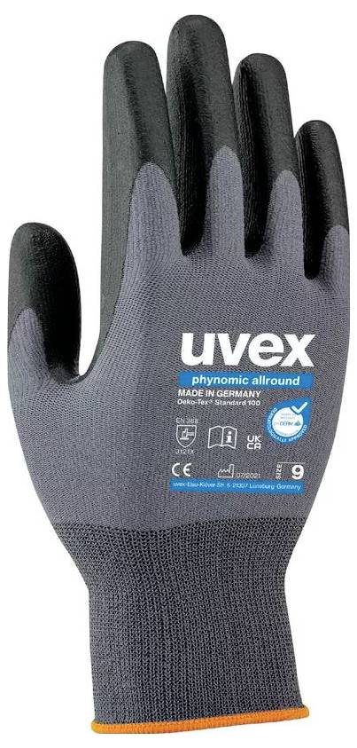 Arbeitshandschuh von uvex, Modell phynomic allround, grau-schwarz, geeignet für mechanische Arbeiten mit hohem Tragekomfort.