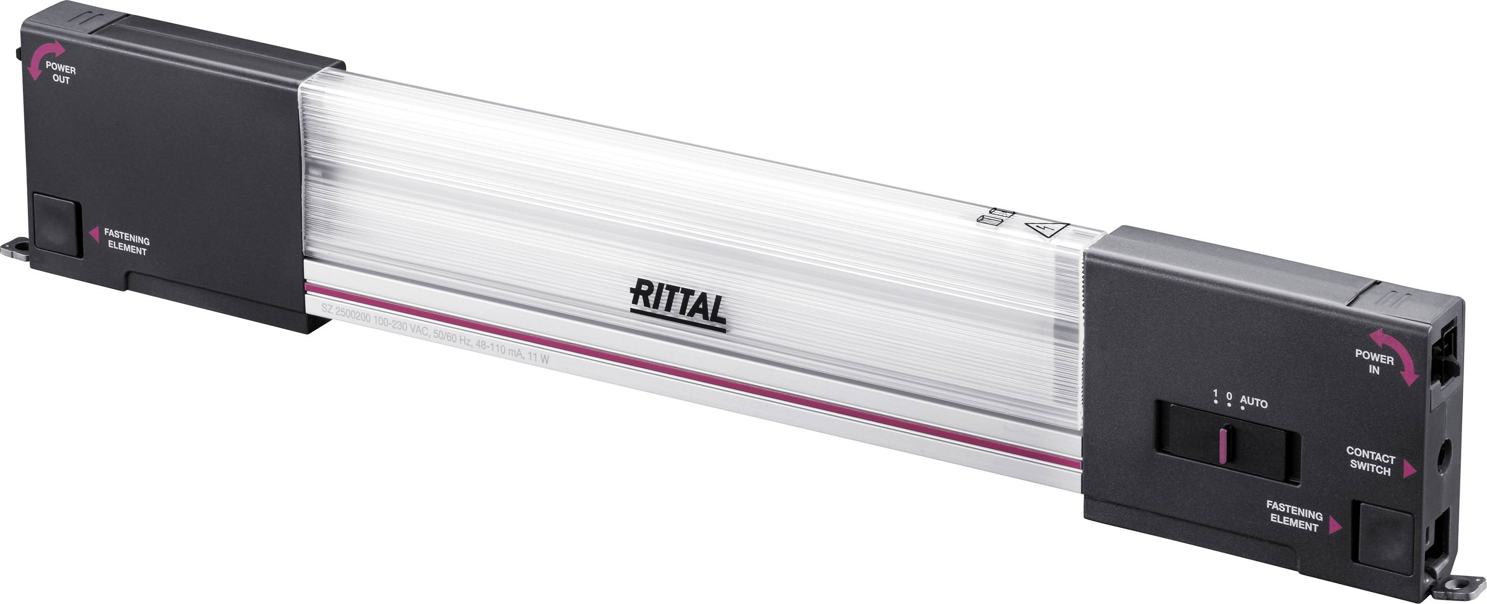 LED-Leuchte von Rittal in rechteckiger Form mit schwarzem Gehäuse und transparentem Mittelteil. Markenlogo in der Mitte sichtbar.