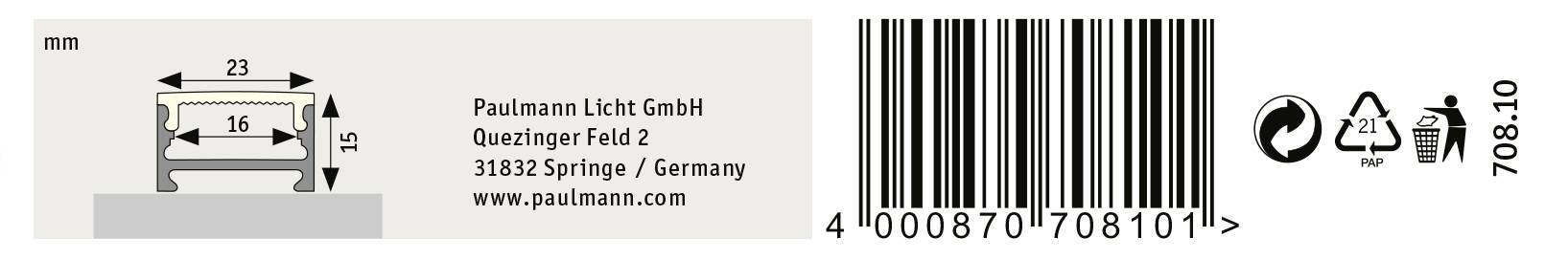 Strichcode-Aufkleber mit Produktmaßen (23x15 mm), QR-Code, Recyclingsymbol und Kontaktdaten: Paulmann Licht GmbH, Deutschland.