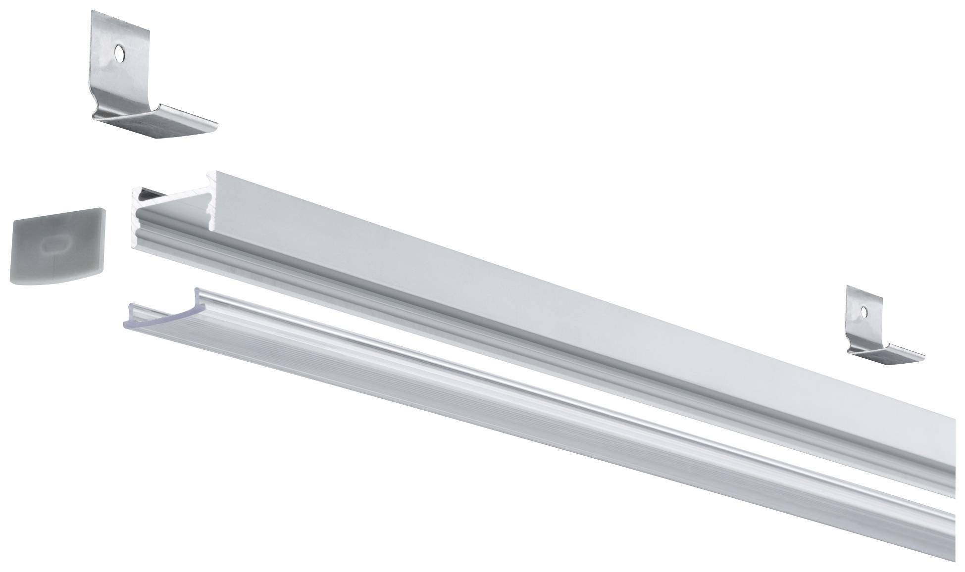 Ein auseinandergebautes Schienensystem mit Halterungen und Abdeckung, zur Montage von Beleuchtung oder Kabeln an der Decke.