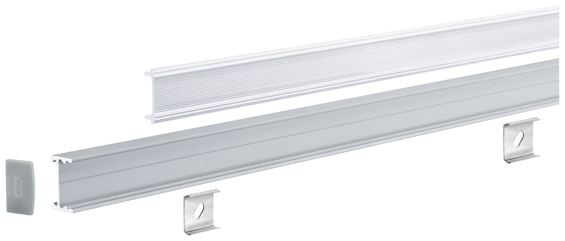 Ein silberner Aluminiumkanal mit Abdeckung und Halterungen zur Befestigung, vermutlich für LED-Streifenmontage.