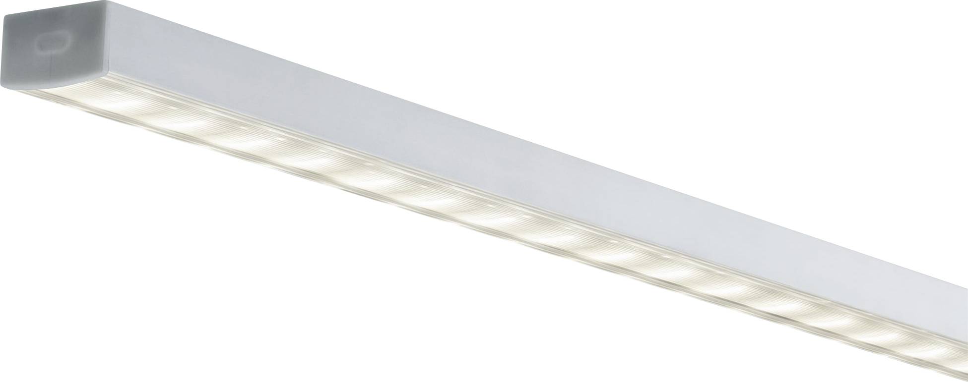 Eine lange, weiße LED-Leuchte mit rechteckiger Form, montiert an einer Wand oder Decke, die warmes Licht abstrahlt.