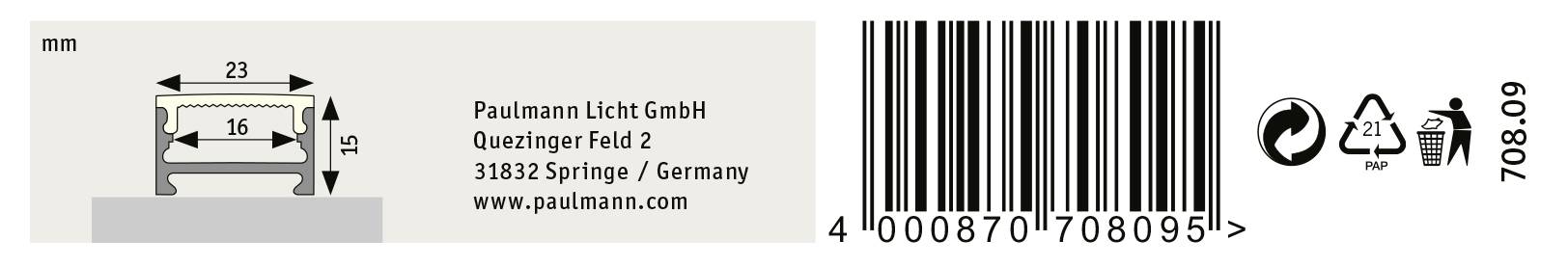 'Paulmann Licht GmbH' Adressangaben, Barcode, Symbole für Verpackungsrecycling und Produktmaße: 23mm Breite, 16mm Tiefe, 15mm Höhe.