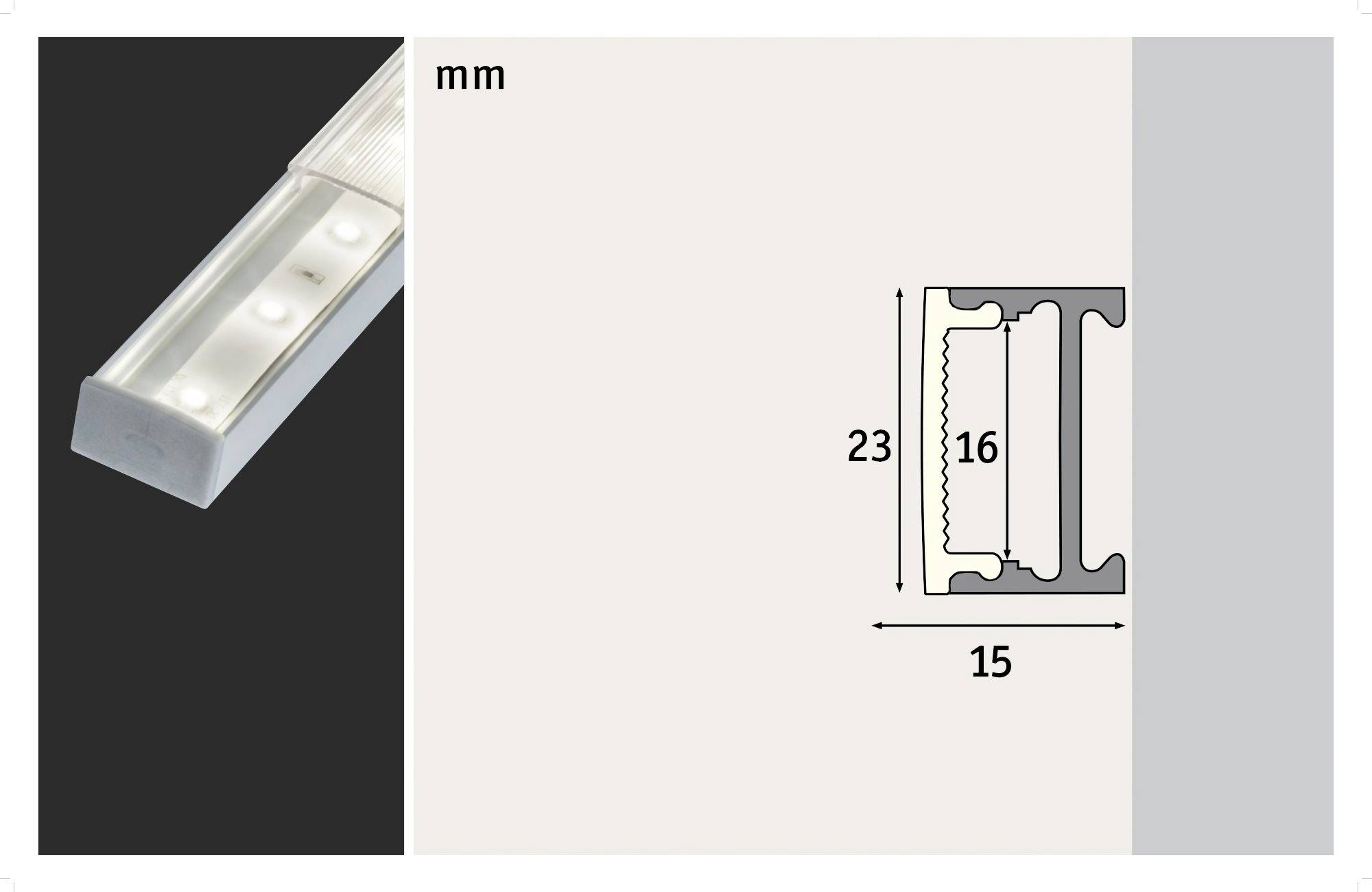 LED-Leuchte links und technische Zeichnung mit Maßen in Millimetern rechts. Maße: Höhe 23 mm, Breite 15 mm, Innenhöhe 16 mm.