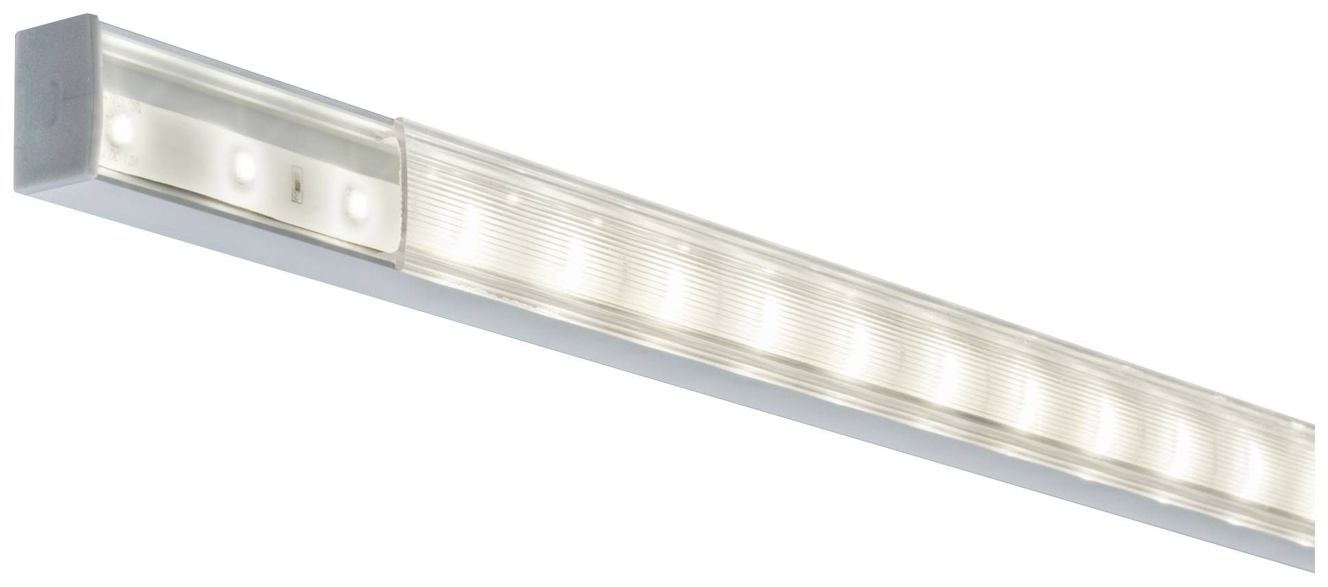 Eine schmale, langgestreckte LED-Leuchte in modernem Design, zeigt gleichmäßig verteilte Lichter.