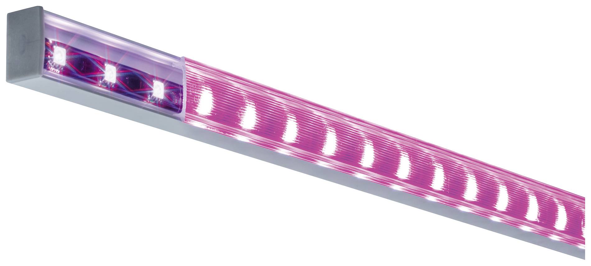 Eine lange, rechteckige LED-Leuchte strahlt ein rosa Licht aus. Sie eignet sich für dekorative oder spezielle Beleuchtungszwecke.