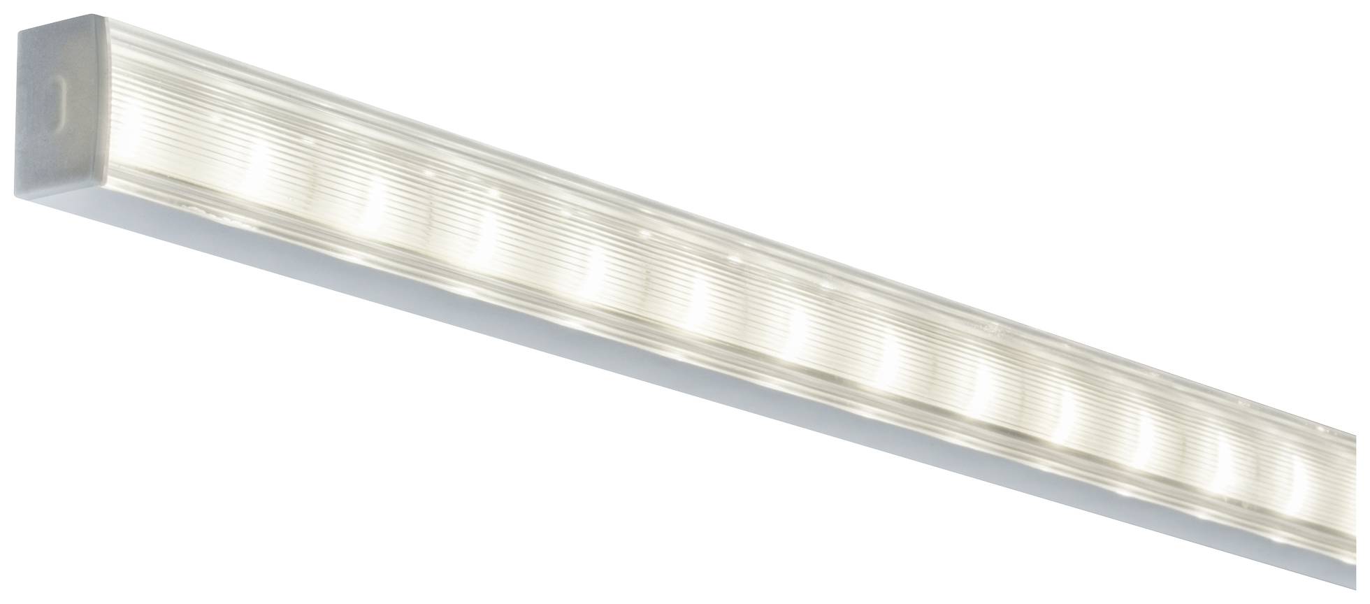Längliche LED-Leuchte mit einem durchsichtigen Gehäuse. Sie strahlt gleichmäßiges weißes Licht aus, geeignet für Wohn- oder Arbeitsbereiche.