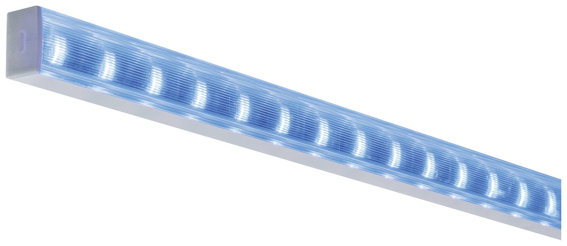 Ein blauer LED-Lichtbalken, der diagonal verläuft. Geeignet zur Beleuchtung oder Dekoration in modernen Räumen.