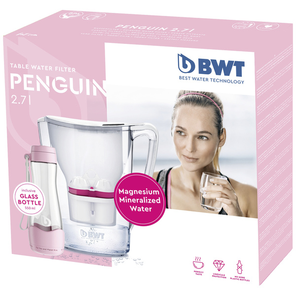 BWT Tischwasserfilter Penguin 2,7l + 1 Kartusche + Glasflasche (550 ml), weiß (815046)