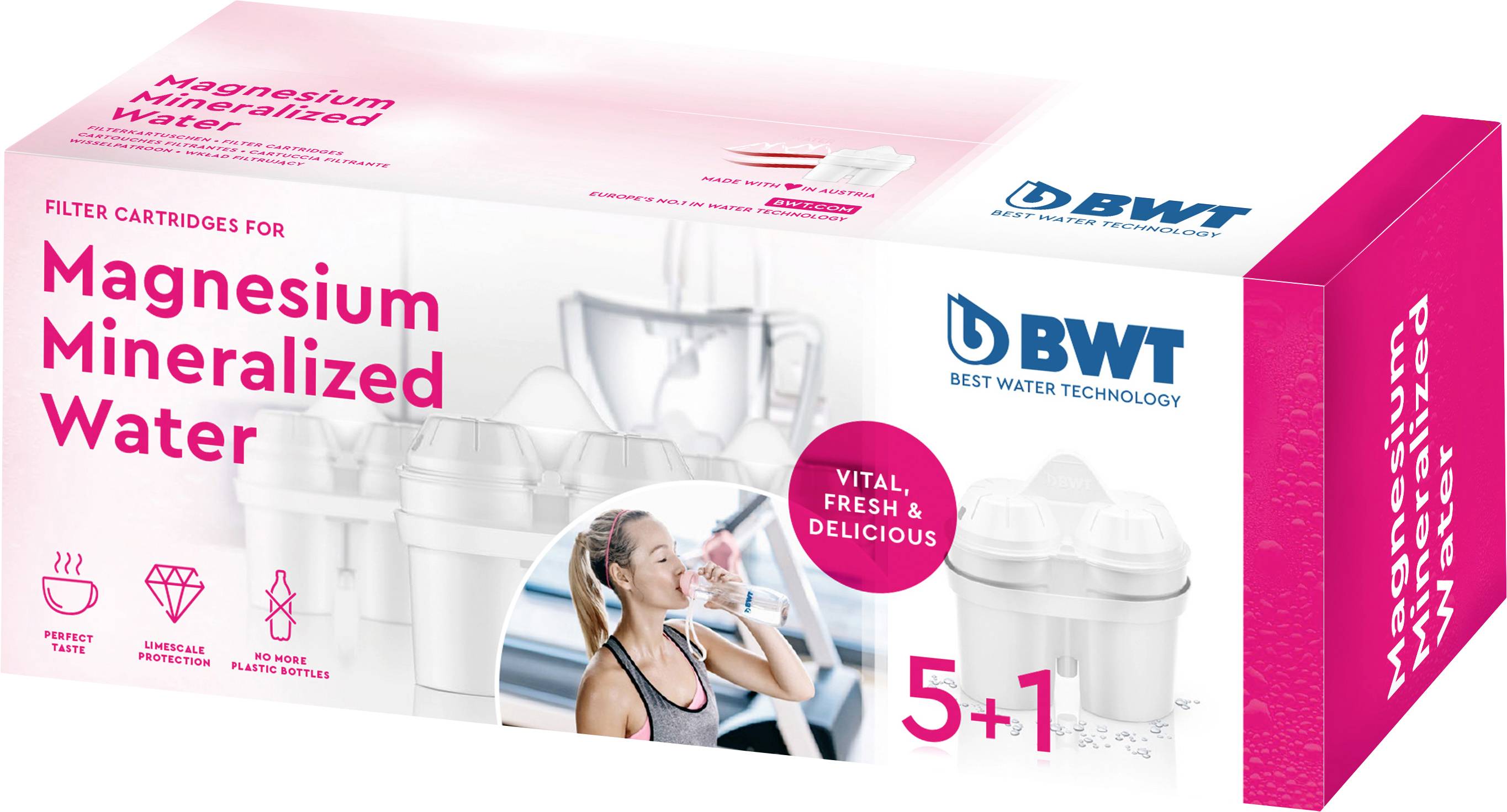 'BWT Best Water Technology' Box mit einem Glas Wasser, einem Filter und Text, der magnesiumangereicherte Wasser- und Filtrationsmerkmale hervorhebt.