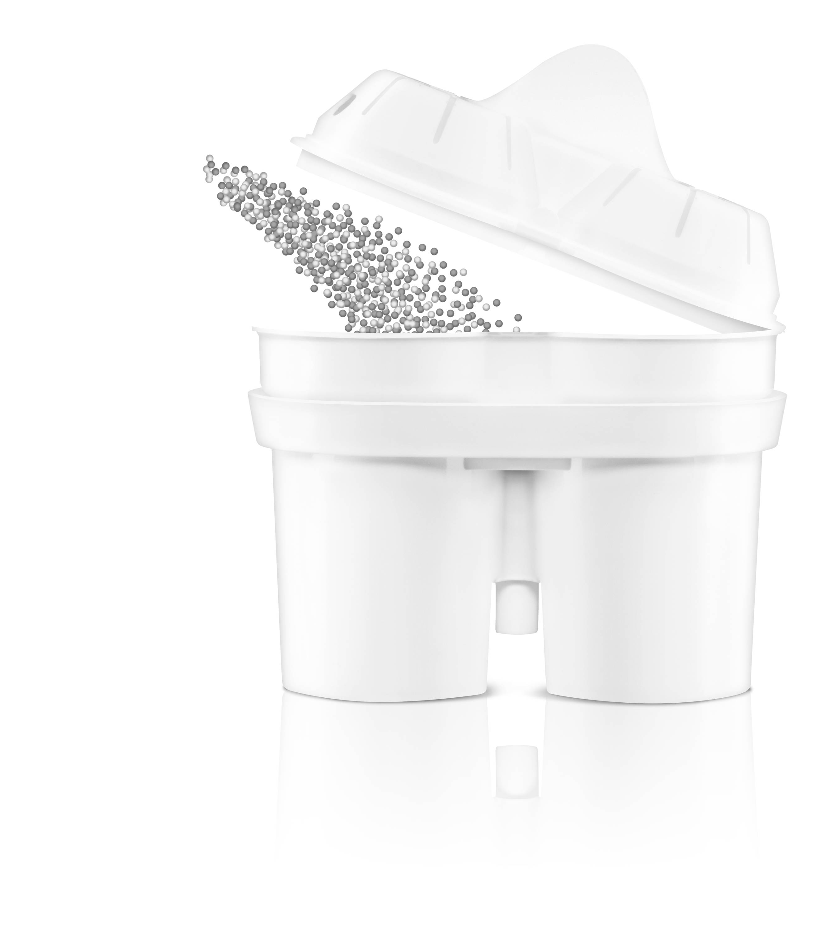 Ein weißer Behälter mit offenem Deckel, aus dem silberne Kugeln verschüttet werden, was auf ein Produkt im Bereich Lagerung oder Filtration hindeutet.