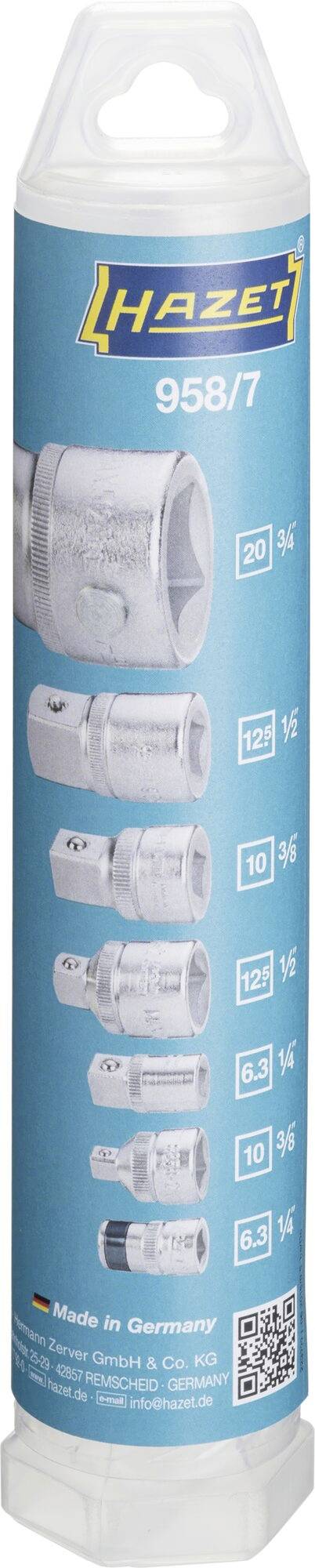 Verpackung mit der Aufschrift 'Hazet', zeigt eine Serie von Stecknüssen in verschiedenen Größen von 6,5 bis 22 mm. 'Made in Germany'.