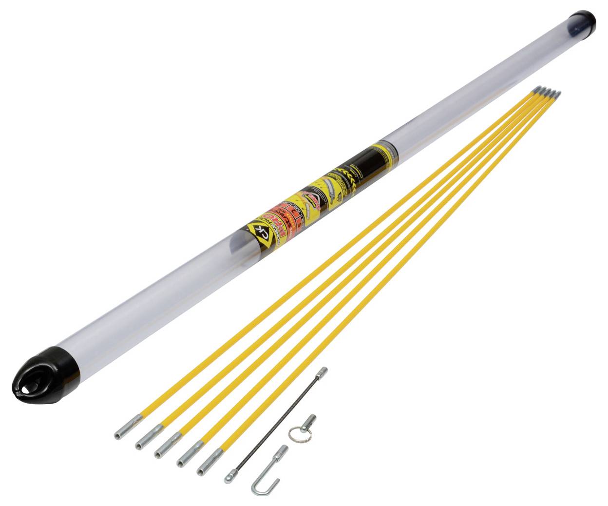 Langer, transparenter Rohr mit gelben Stäben und Metallhaken, verwendet für physikalische Experimente oder als Bauwerkzeug.