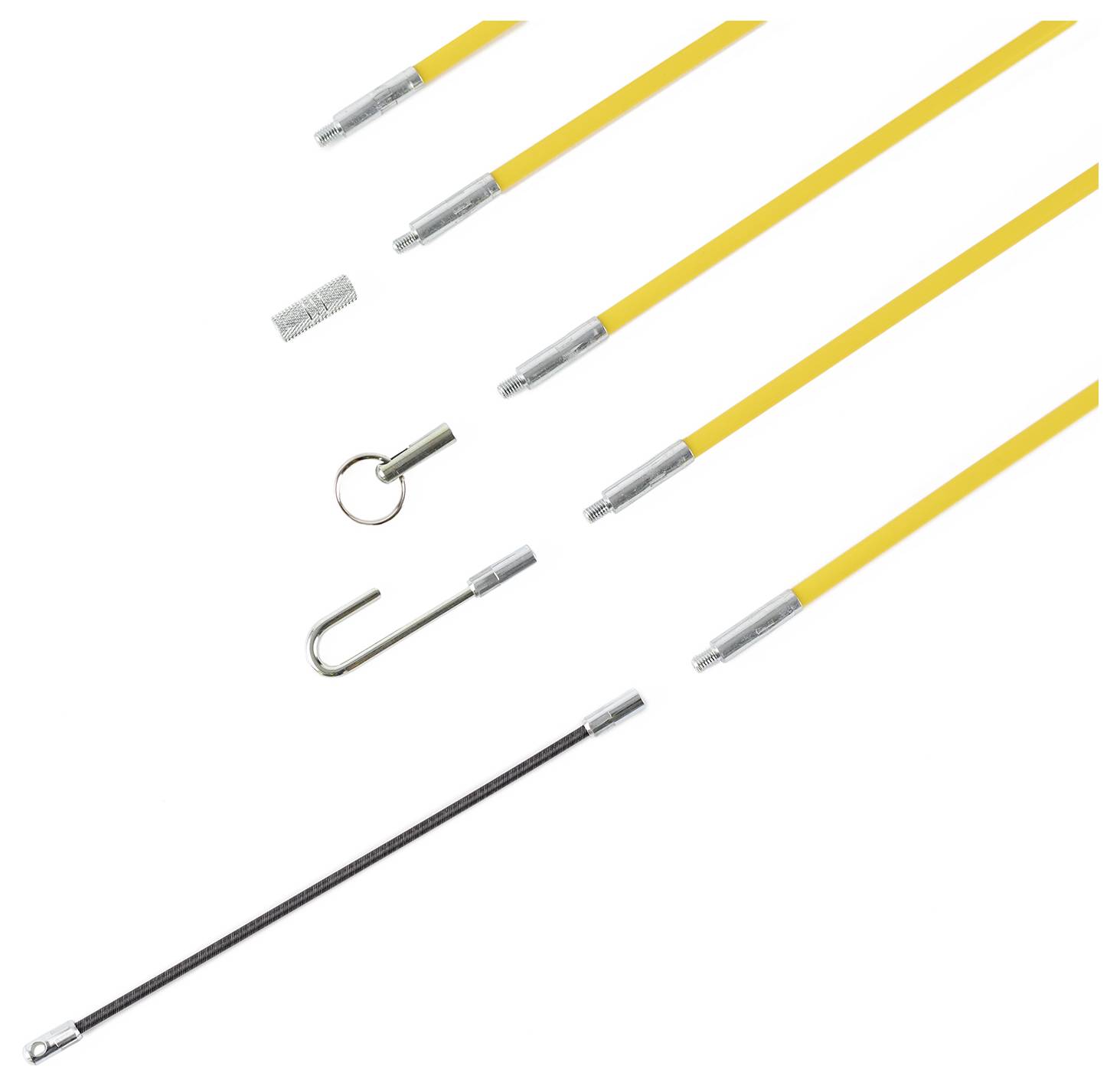 Kabelziehhilfe-Set mit gelben Stäben und verschiedenen Aufsätzen zur Kabelverlegung, einschließlich Haken und Öse.