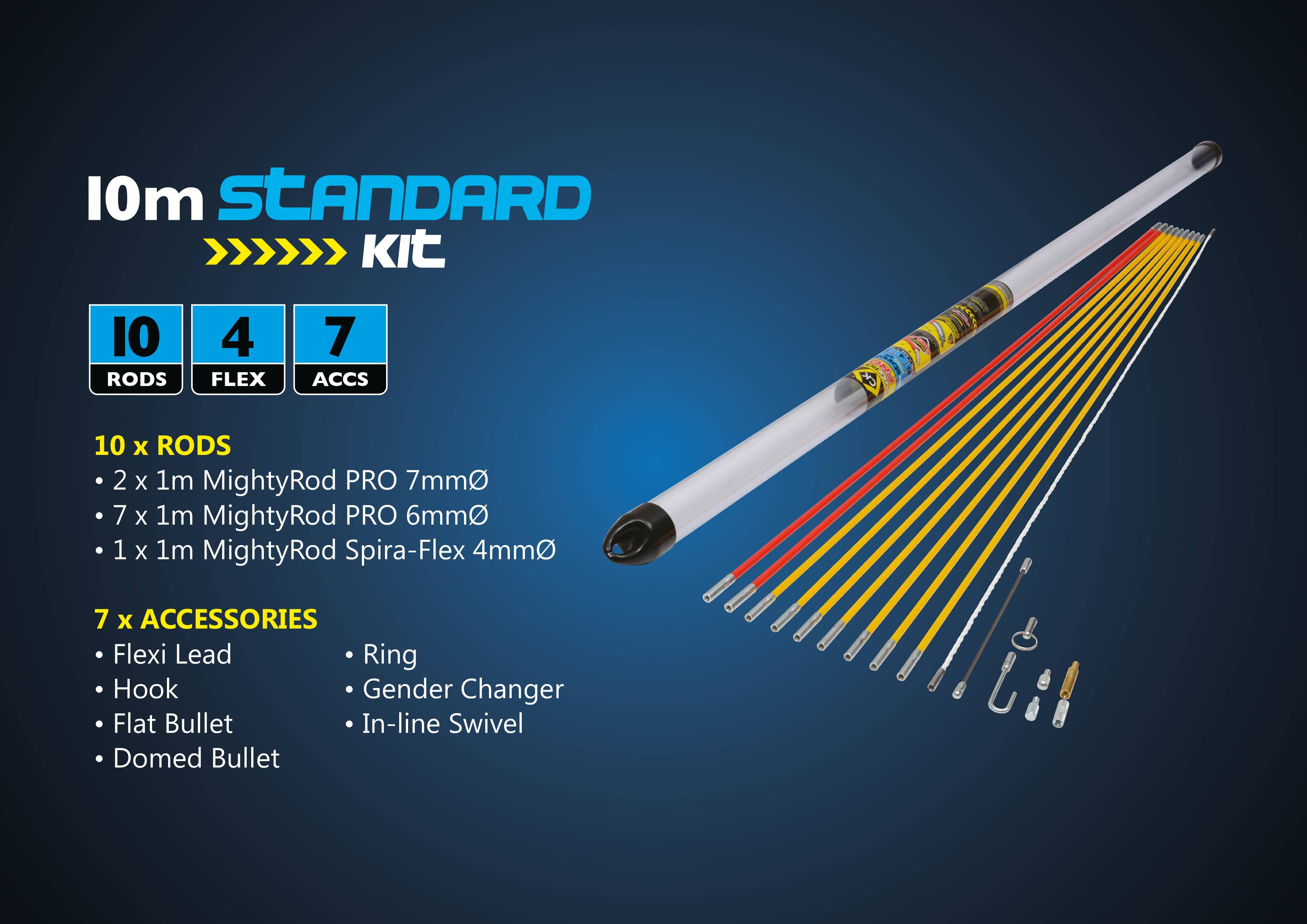 '10 m Standard Kit': Werkzeugset mit 10 Stangen und 7 Zubehörteilen. Enthält verschiedene Größen von 'MightyRod PRO' und 'Spira-Flex'.