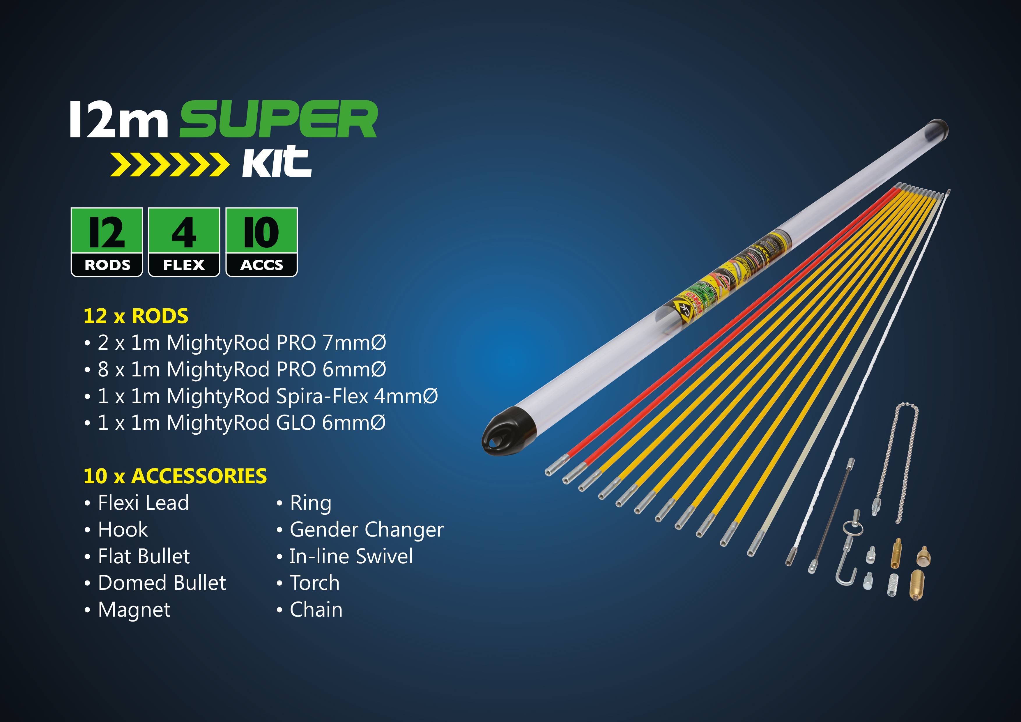 '12m SUPER KIT' mit 12 Ruten und 10 Zubehörteilen. Details: Flexi Lead, Hook, Flat Bullet, Domed Bullet, Magnet, Ring, Gender Changer, In-line Swivel, Torch, Chain.