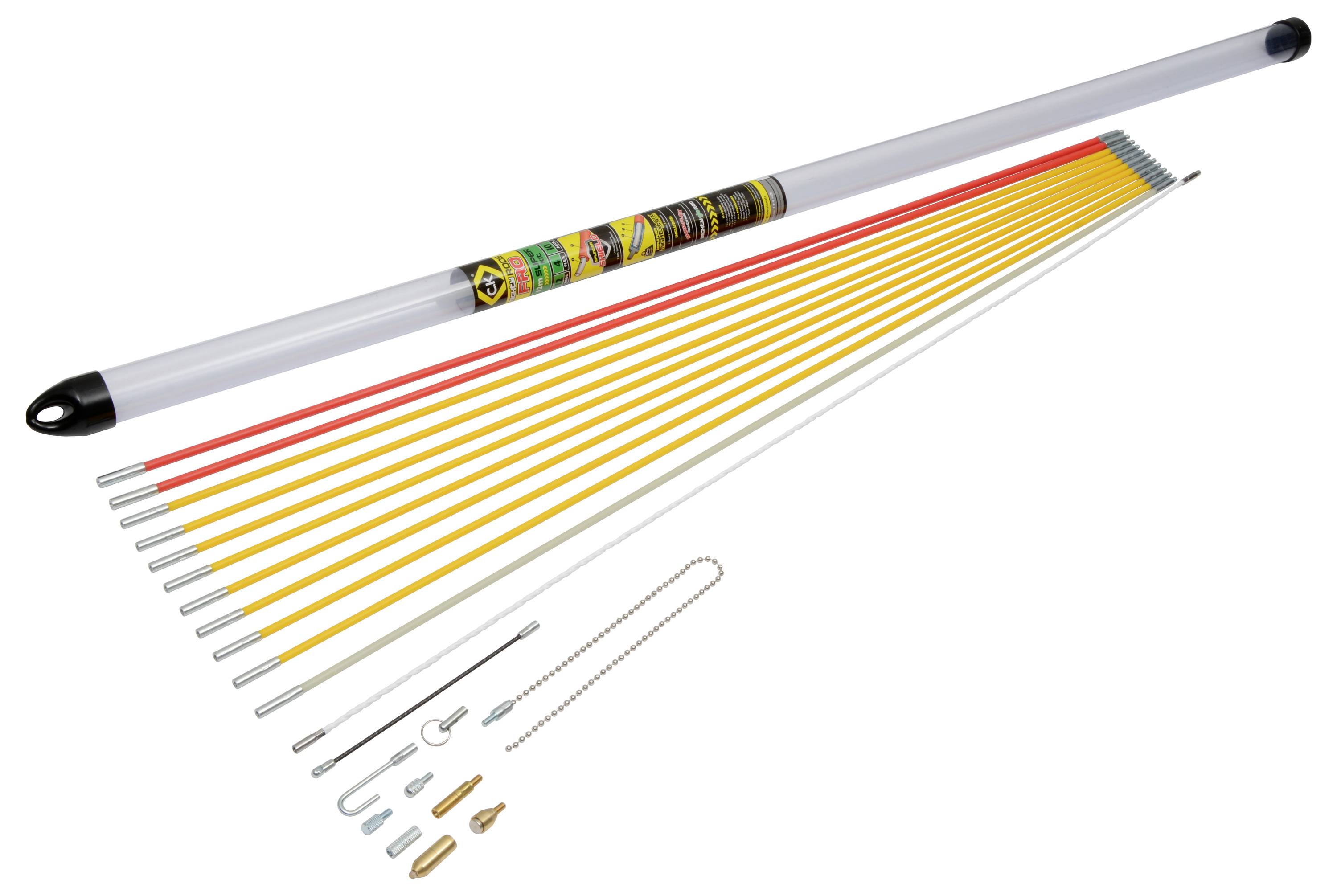 Kite Zubehör: Kunststoffrohr mit Drachenstäben in Gelb, Rot, Weiß. Verschiedene Haken, Kappen und eine Kette zur Befestigung.