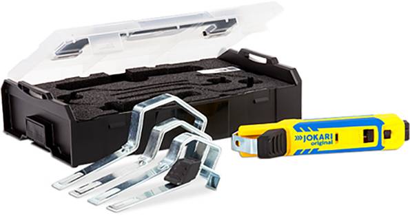 Ein Abisolier-Werkzeugset mit einem gelben Jokari-Abisolierer und verschiedenen Metallanbauteilen in einem schwarzen Kunststoffkoffer mit transparentem Deckel.