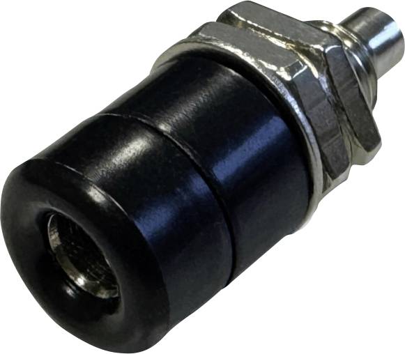 Ein schwarzer Zylinder mit Metallgewinde und einer Stiftspitze, vermutlich ein technisches Bauteil wie ein Schalter oder Sensor.