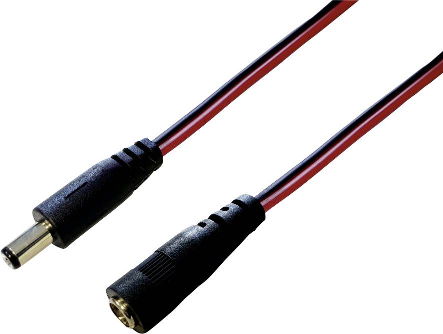 Zwei schwarze Stromstecker an roten und schwarzen Kabeln. Links männlich, rechts weiblich.