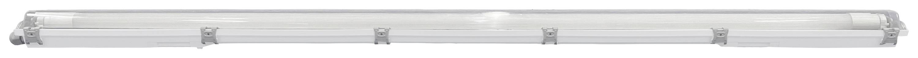 Eine lange, weiße LED-Leuchte mit Schutzabdeckung, ideal für Büros oder Werkstätten.