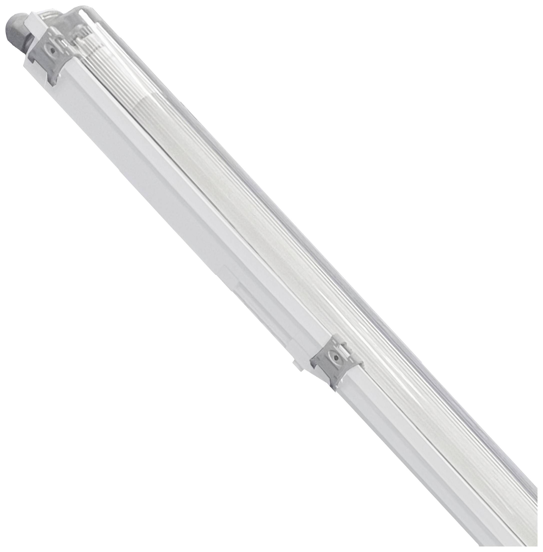 Eine längliche LED-Leuchte in einem Gehäuse aus durchsichtigem Material, geeignet zur Deckenmontage in industriellen Umgebungen.