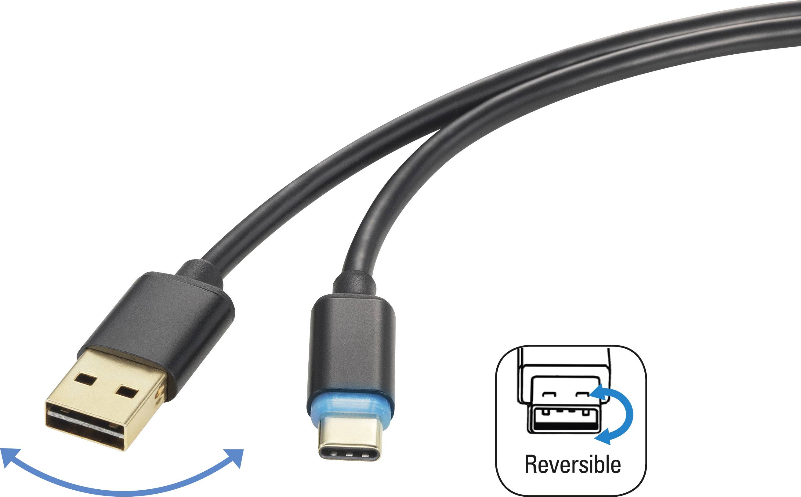 Ein USB-Anschluss und ein USB-C-Stecker. Ein Symbol zeigt, dass der USB-C-Stecker reversibel ist, was beidseitiges Einstecken ermöglicht.
