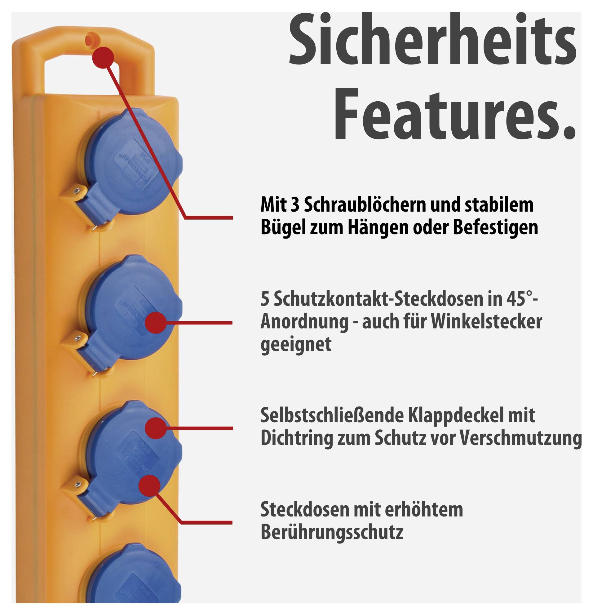 Infografik zu Sicherheits-Features einer orangen Steckdosenleiste: 5 Schutzkontakt-Steckdosen, Klappdeckel, Berührungsschutz, Schraublöcher und Bügel zum Befestigen.