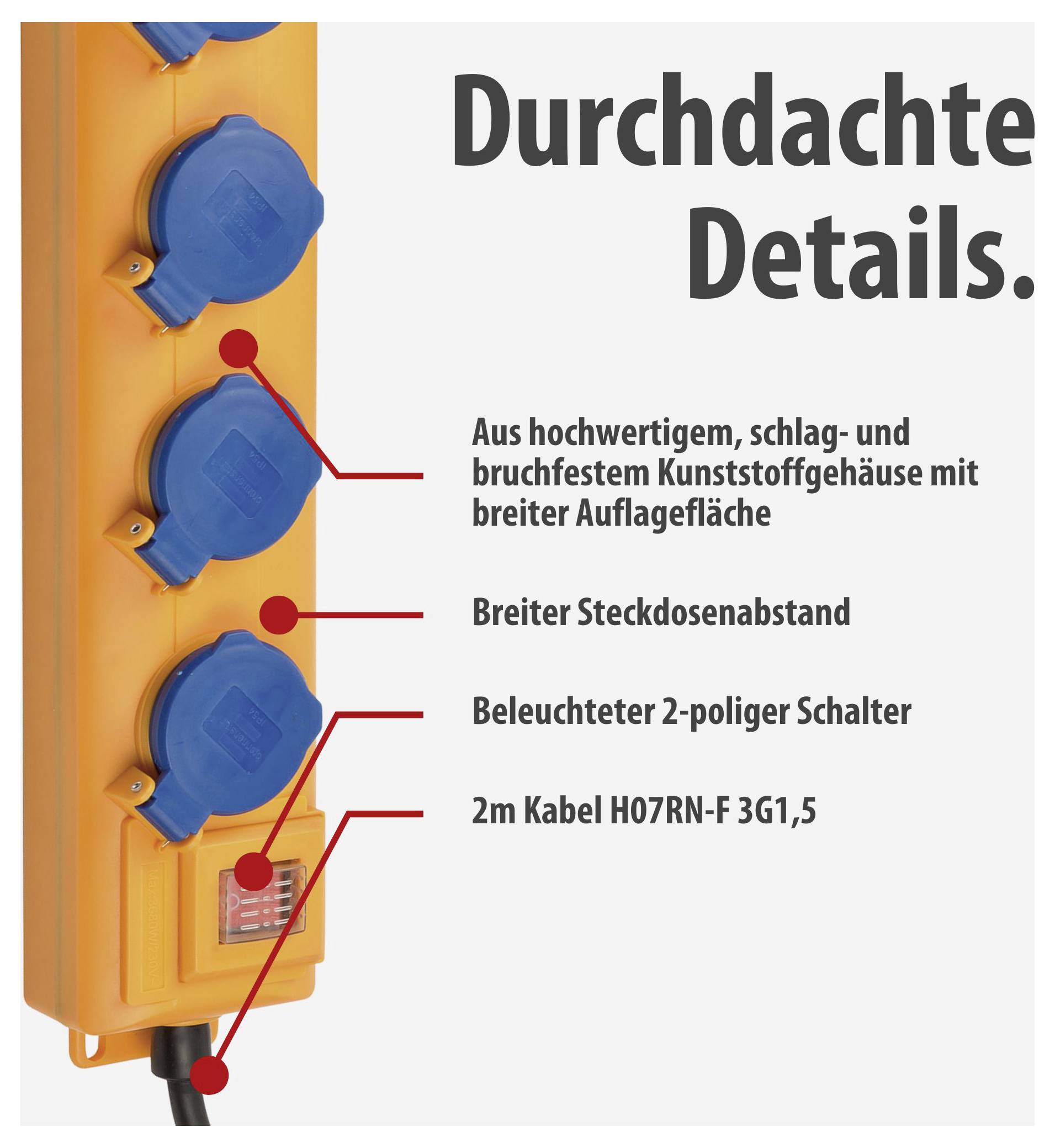 Orange Steckdosenleiste mit drei blauen Schutzkappen und Beschriftung 'Durchdachte Details': robustes Gehäuse, breiter Steckdosenabstand, beleuchteter 2-poliger Schalter, 2 m Kabel.