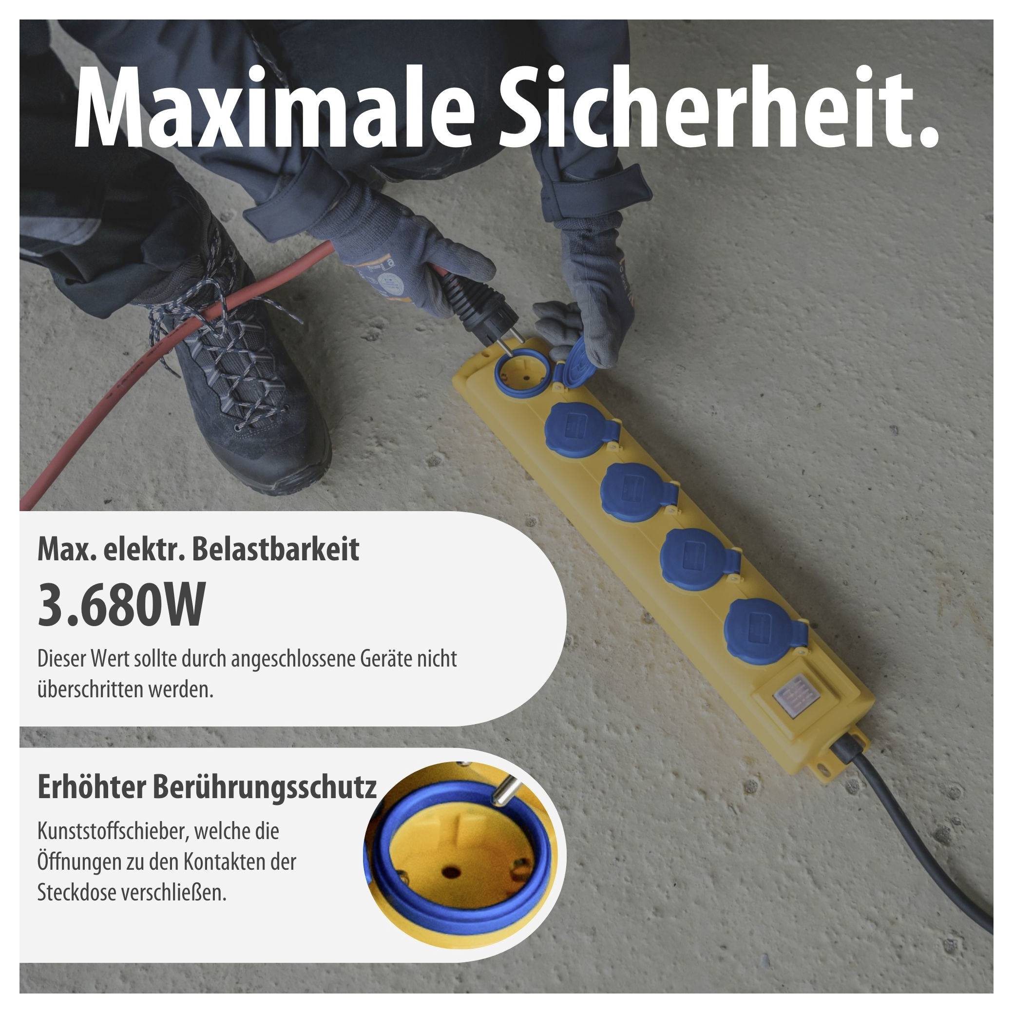 Werbung für eine gelbe Mehrfachsteckdose mit erhöhtem Berührungsschutz und max. elektrischer Belastbarkeit 3.680 W; Titel: 'Maximale Sicherheit.'