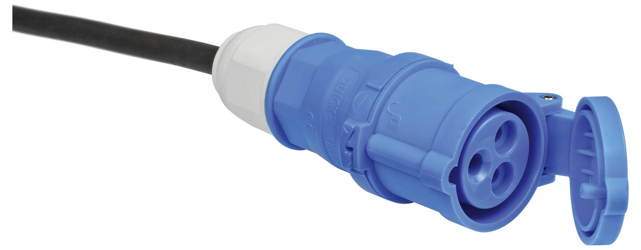 Blauer industrieller Stromstecker mit schwarzem Kabel, dargestellt mit geöffneter Schutzkappe.
