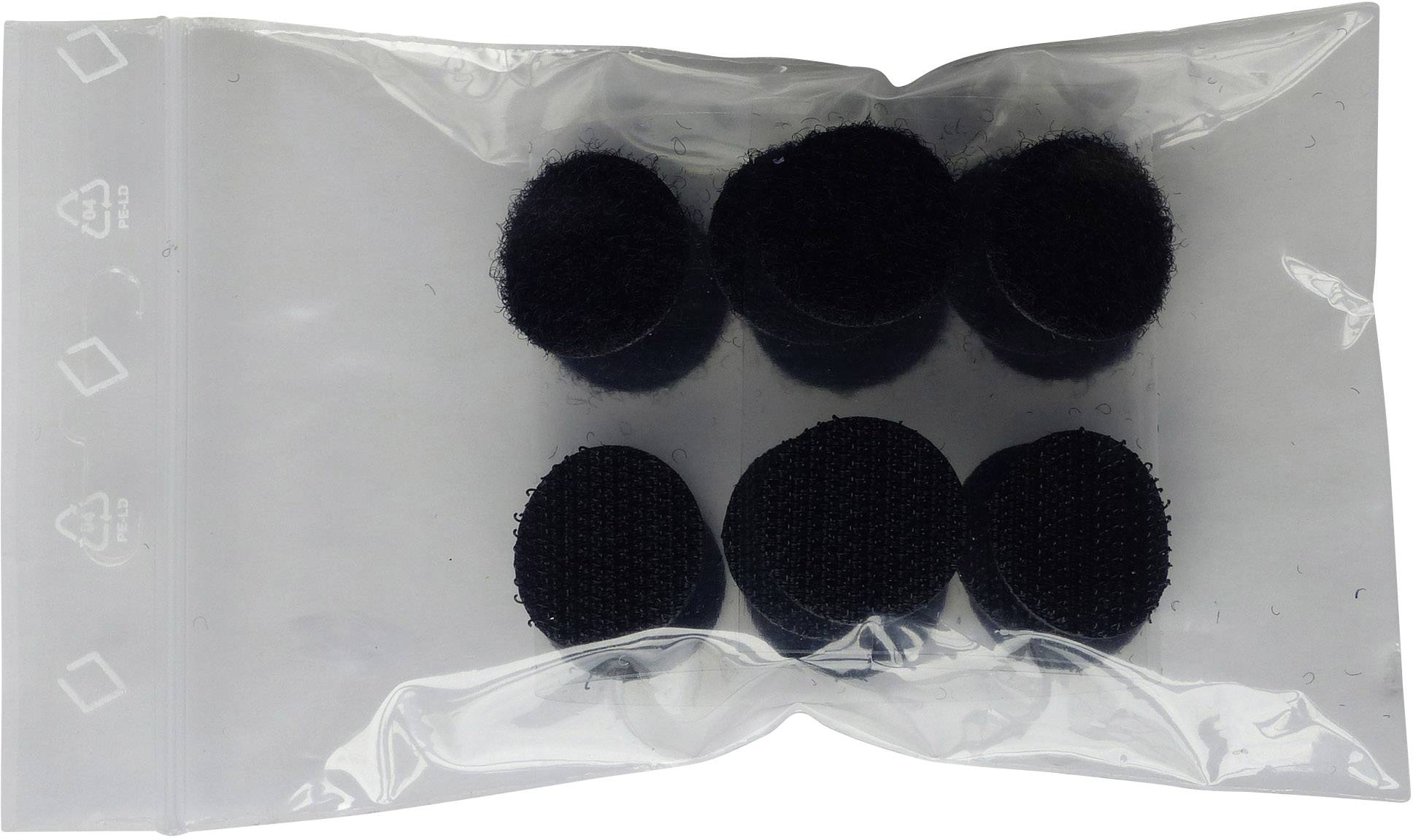 Durchsichtige Plastiktüte mit sechs schwarzen, runden Stoffpolstern, die als Möbelschutz oder für andere Haushaltszwecke verwendet werden können.